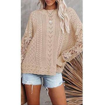 AFAZ New Trading UG 2-in-1-Langarmshirt Pullover Damen, Spitze Strickpullover Rundhals Langarm Stricktop Elegantes Stricktop Patchwork Oberteile Stricken Langarmshirt