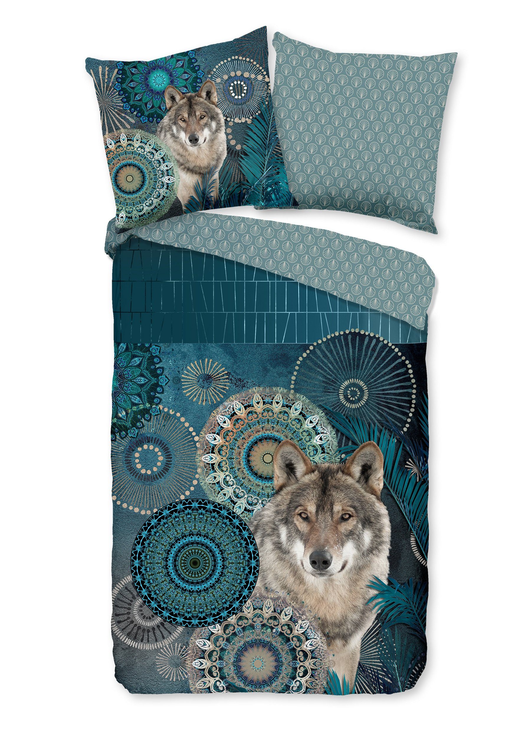 Traumschloss Bettwäsche Feinbiber, Biber, 3 teilig, blaue Mandalas mit Wolf