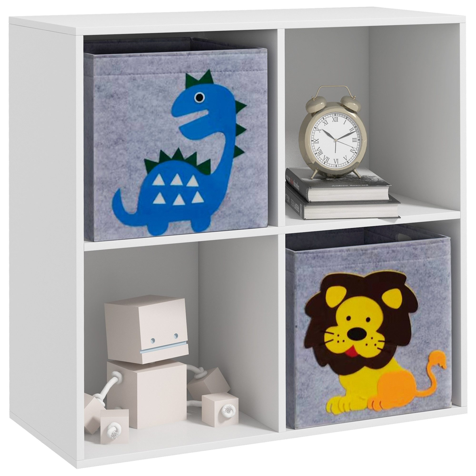 ZONEKIZ Kinderregal Bücherregal Spielzeug-Organizer 2 Aufbewahrungsboxen, 2 off.Fächer, Kinder-Aufbewahrungsschrank 1-tlg., für Schlafzimmer, Spielzimmer, Klassenzimmer, Kindergärten, Weiß