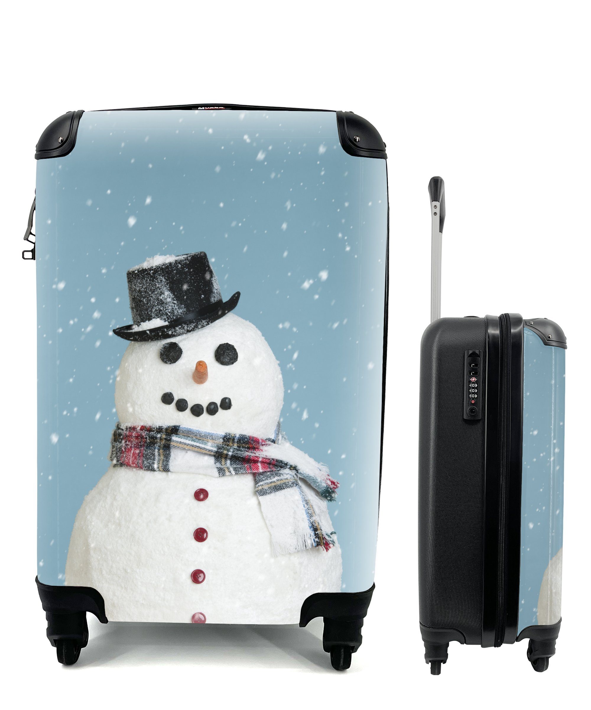 MuchoWow Handgepäckkoffer Ein Weihnachten Schneemann hellblauen, zu mit glücklicher Trolley, 4 einem für rollen, Handgepäck Reisekoffer Reisetasche Ferien, mit Rollen