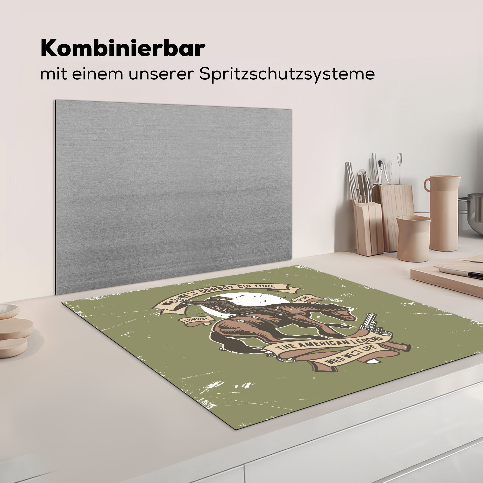 Pistole küche Vinyl, Ceranfeldabdeckung, MuchoWow tlg), - cm, Pferde Herdblende-/Abdeckplatte Arbeitsplatte Cowboy 78x78 (1 - Retro, für -