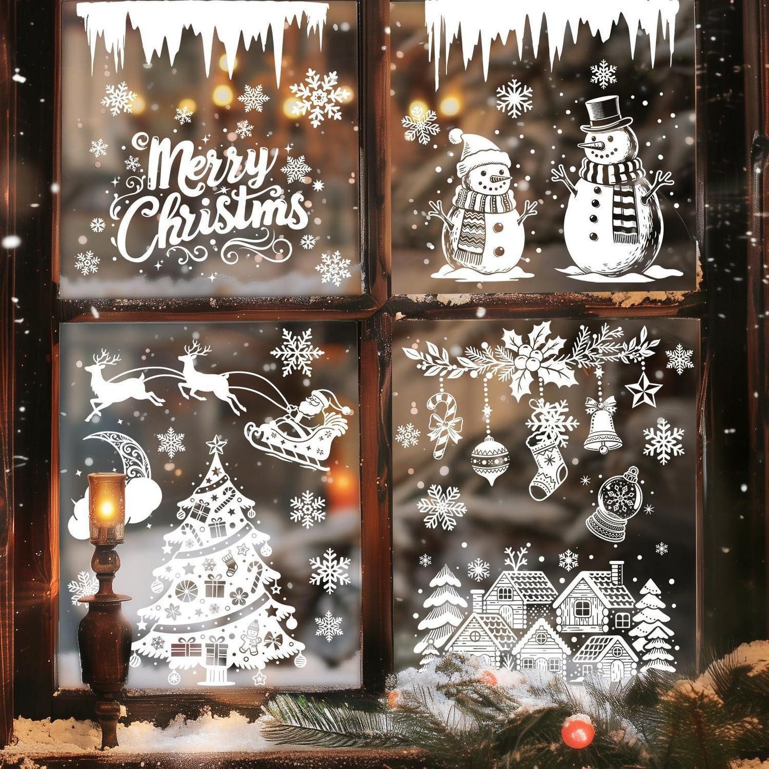 LuxusKollektion Fensterbild Fensterdeko Weihnachten Rentier Schlitten Schneemann weiß