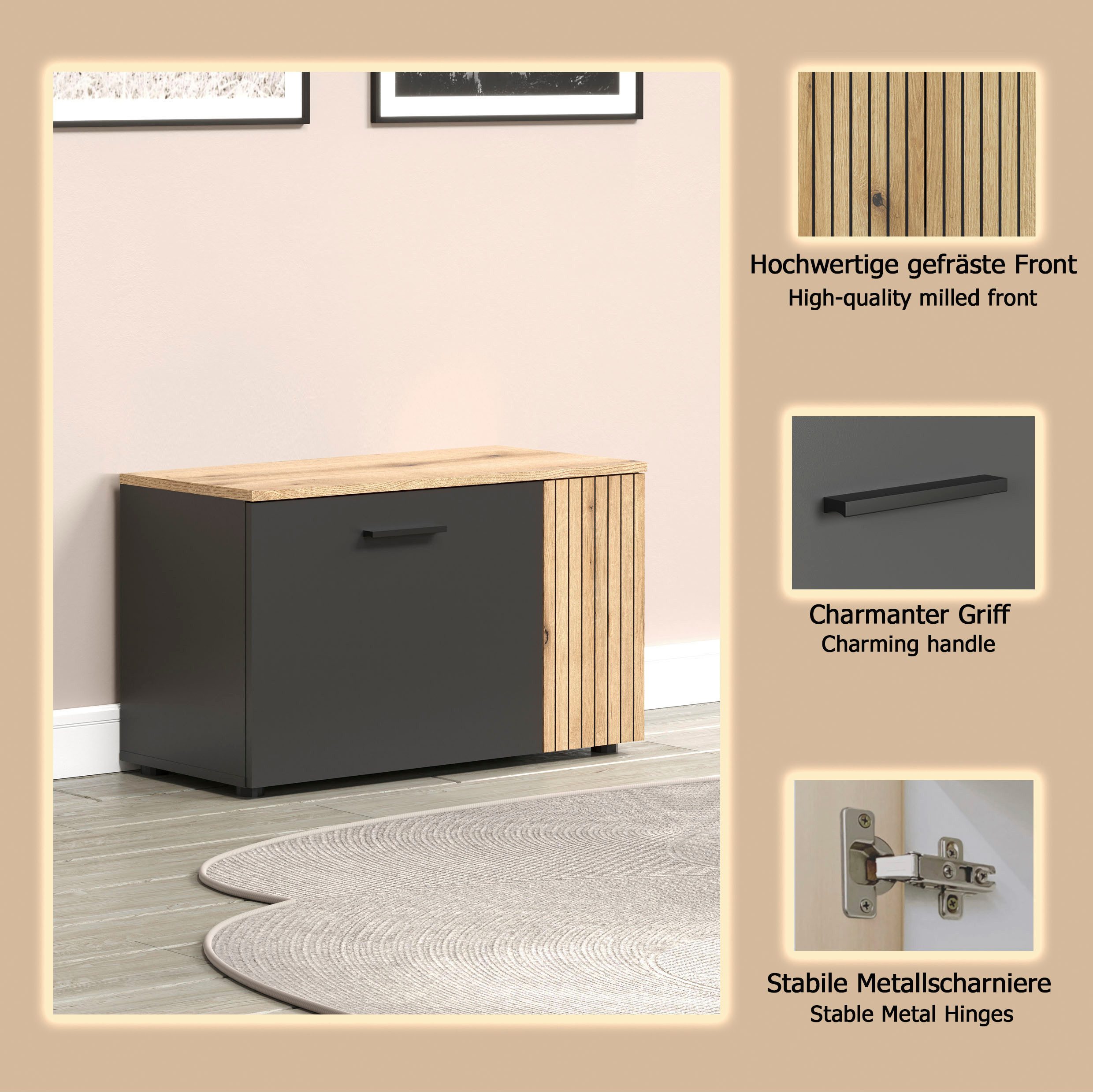Home affaire Sitzbank Estepona (1-St), Schuhbank mit 2 Türen & 2 Einlegeböden – (B/T/H) 80/36/48 cm – Bild 4 von 5