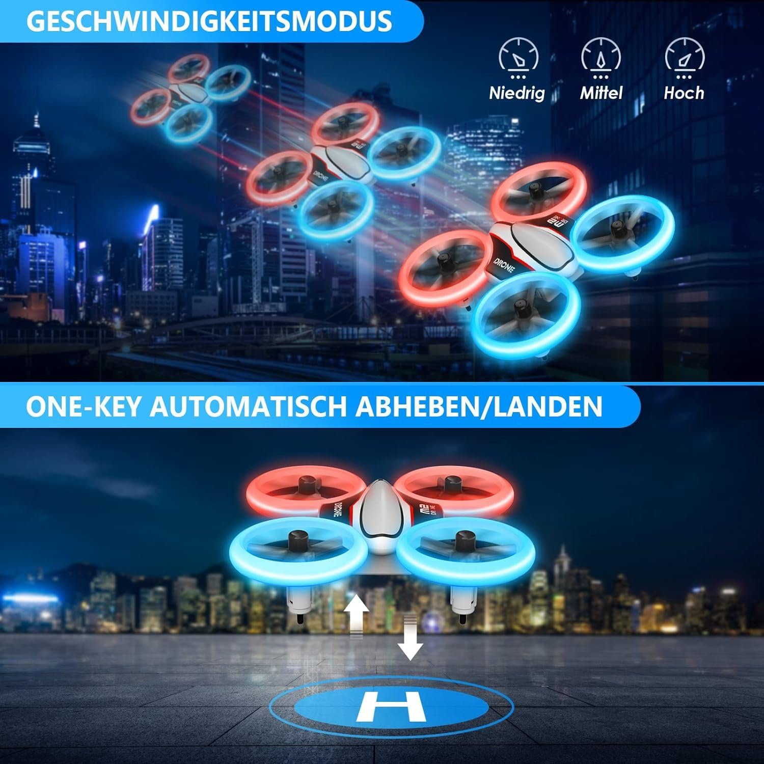 AVIALOGIC Drohne (RC Drone mit Flugzeit) Akkus, Min LED, 3 Kopflosmodus, 3D 21 Flips