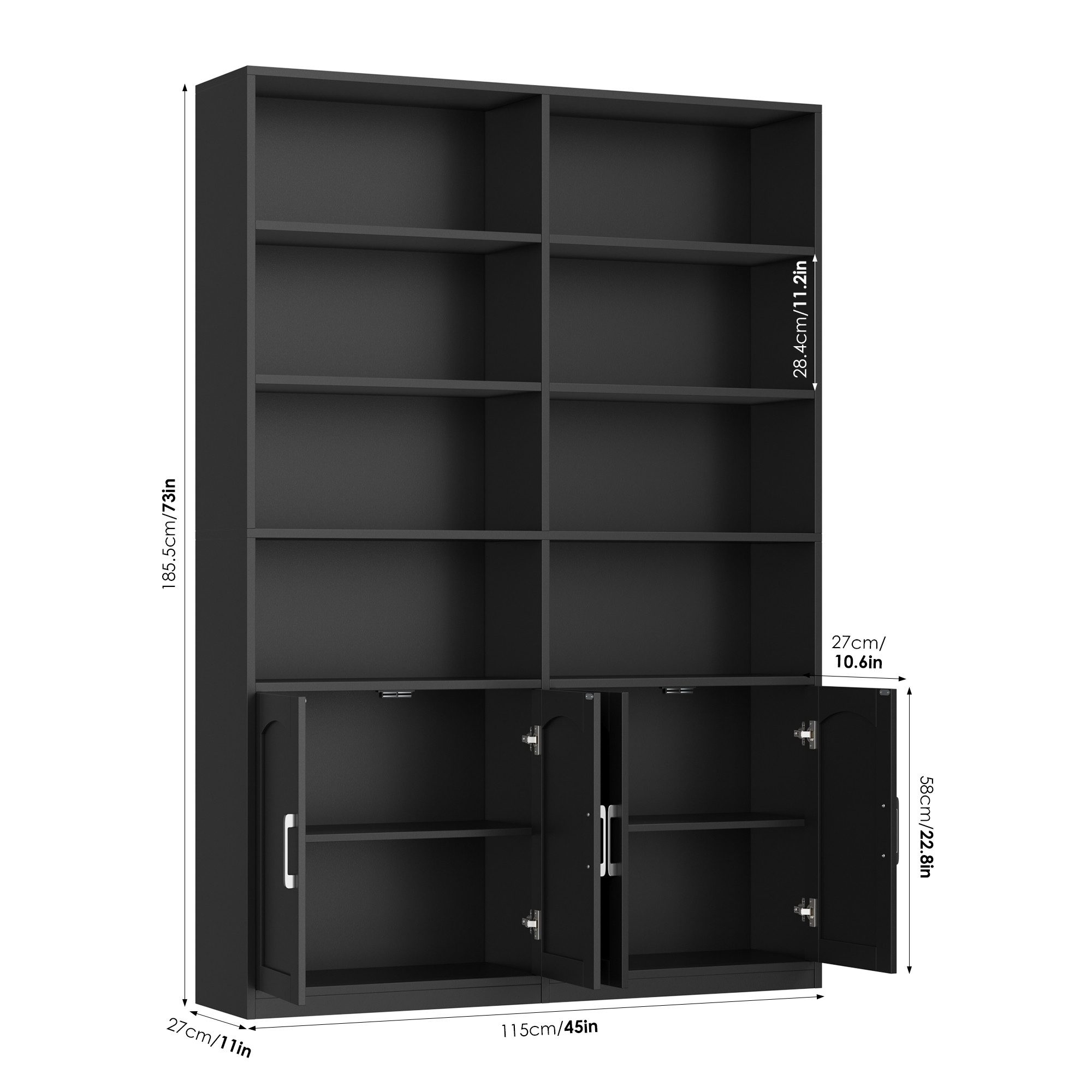 Homfa Bücherregal Standregal Büroregal Bücherschrank, mit 8 offenen Fächern und 4 Türen, Holz, 115x27x185,5 cm