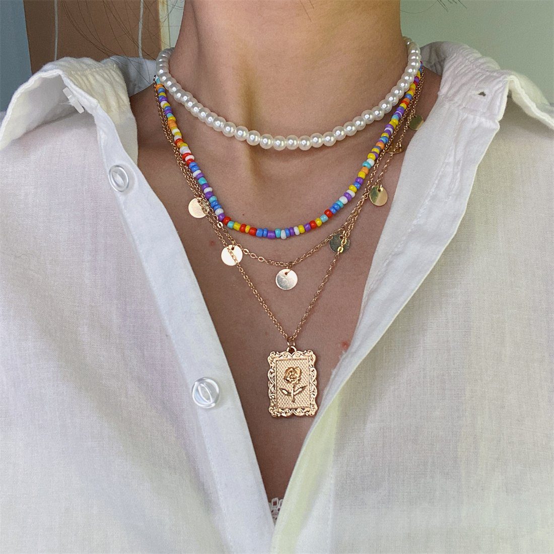 Set, DÖRÖY faux Perle Frauen Choker-Set geschichteten böhmische Halskette Halskette