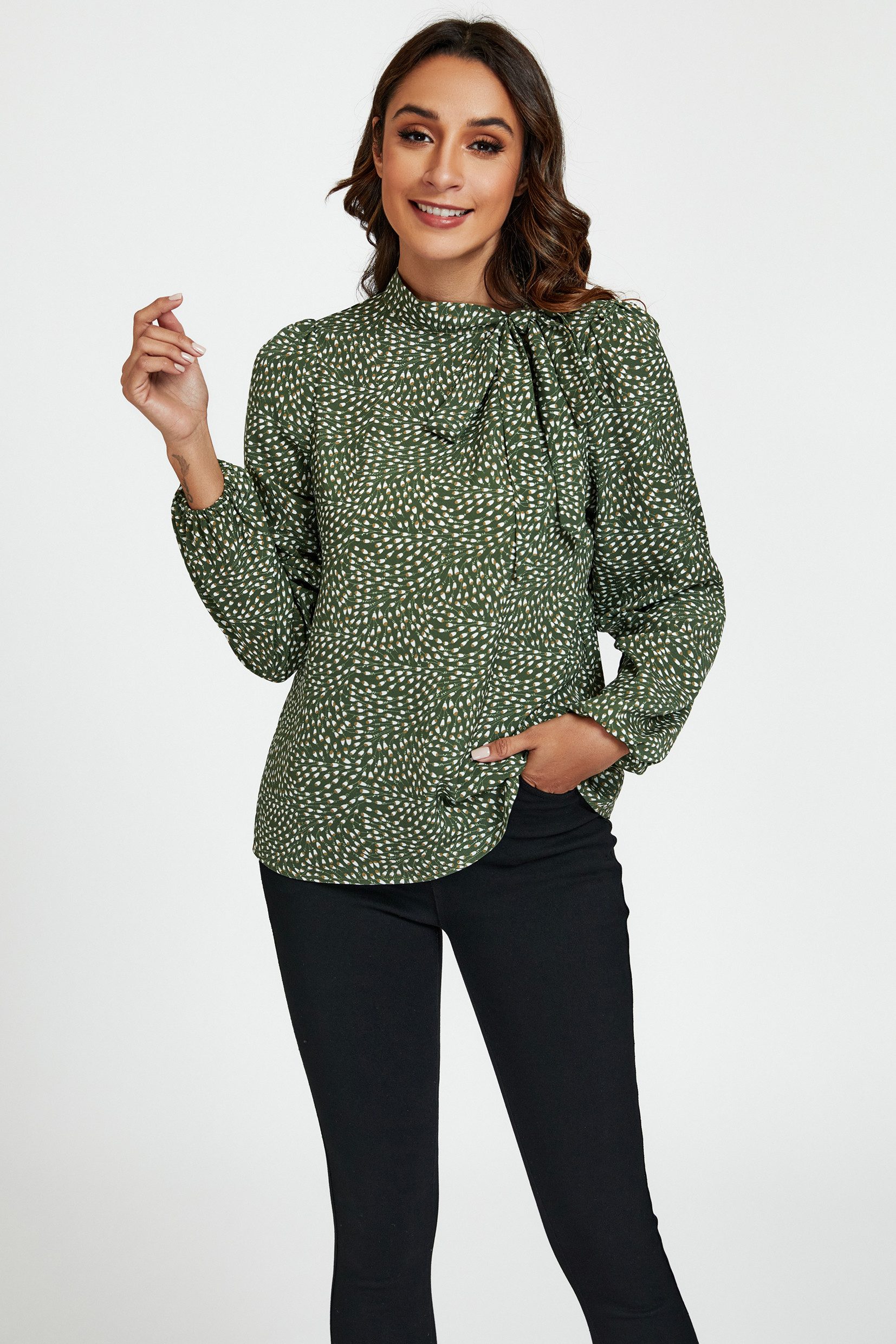 FS Collection Langarmbluse Damen Bluse - Blusenoberteil mit Geoprint und seitlicher Bindeschleif (XS (UK 8 / EU 36) S (UK 10 / EU 38) M (UK 12 / EU 40) L (UK 14 / EU 42) XL (UK 16 / EU 44), 4 Farben : Grüngeo, Blaugeo, Olivegeo und Winegeo) Leicht, Glatt, Atmungsaktiv und Formbeständig