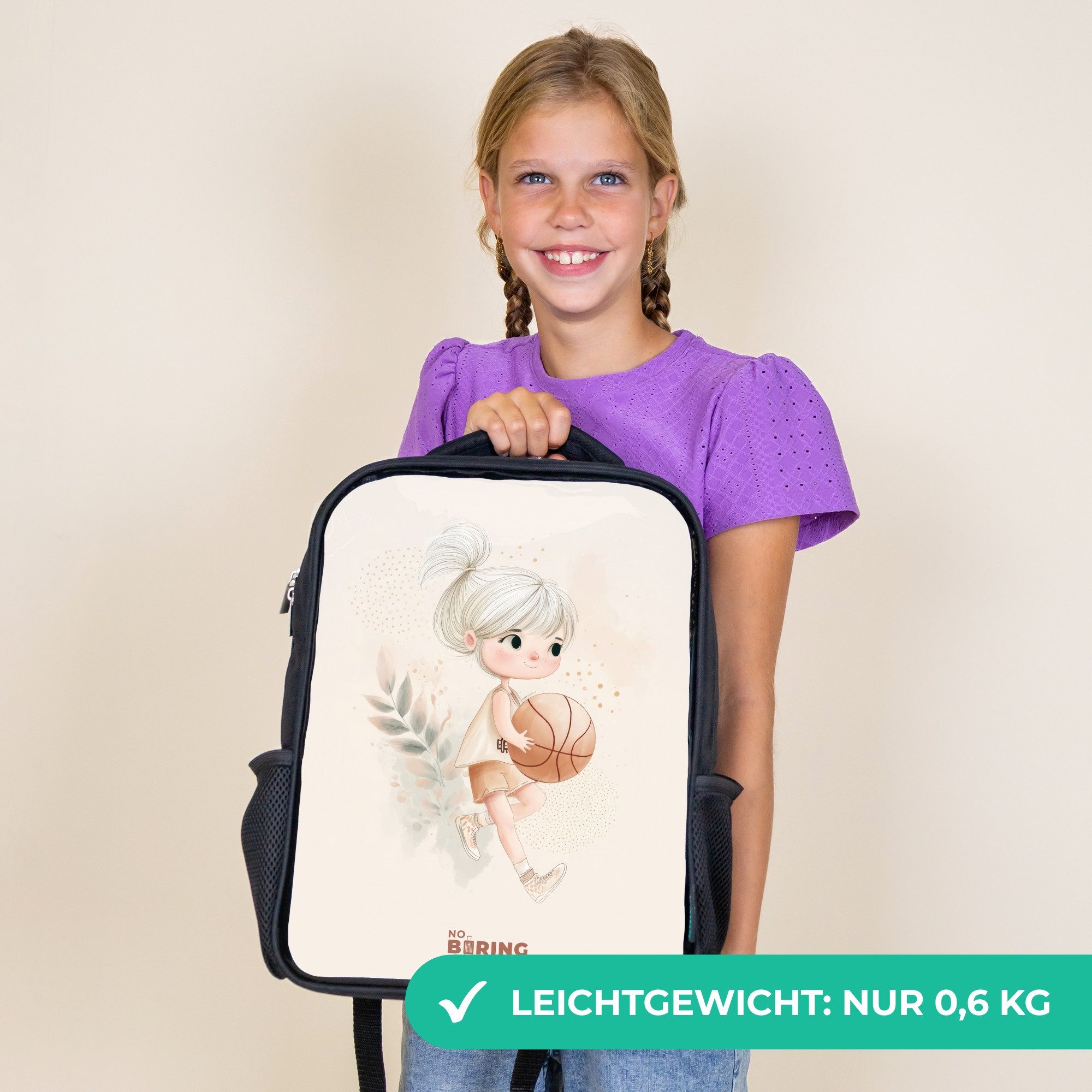 NoBoringSuitcases.com© Rucksack Mädchen mit einem Basketball in neutralen Farben., Kinderrucksack Schwarz, Schulrucksack, Freizeitrucksack Jungen Mädchen