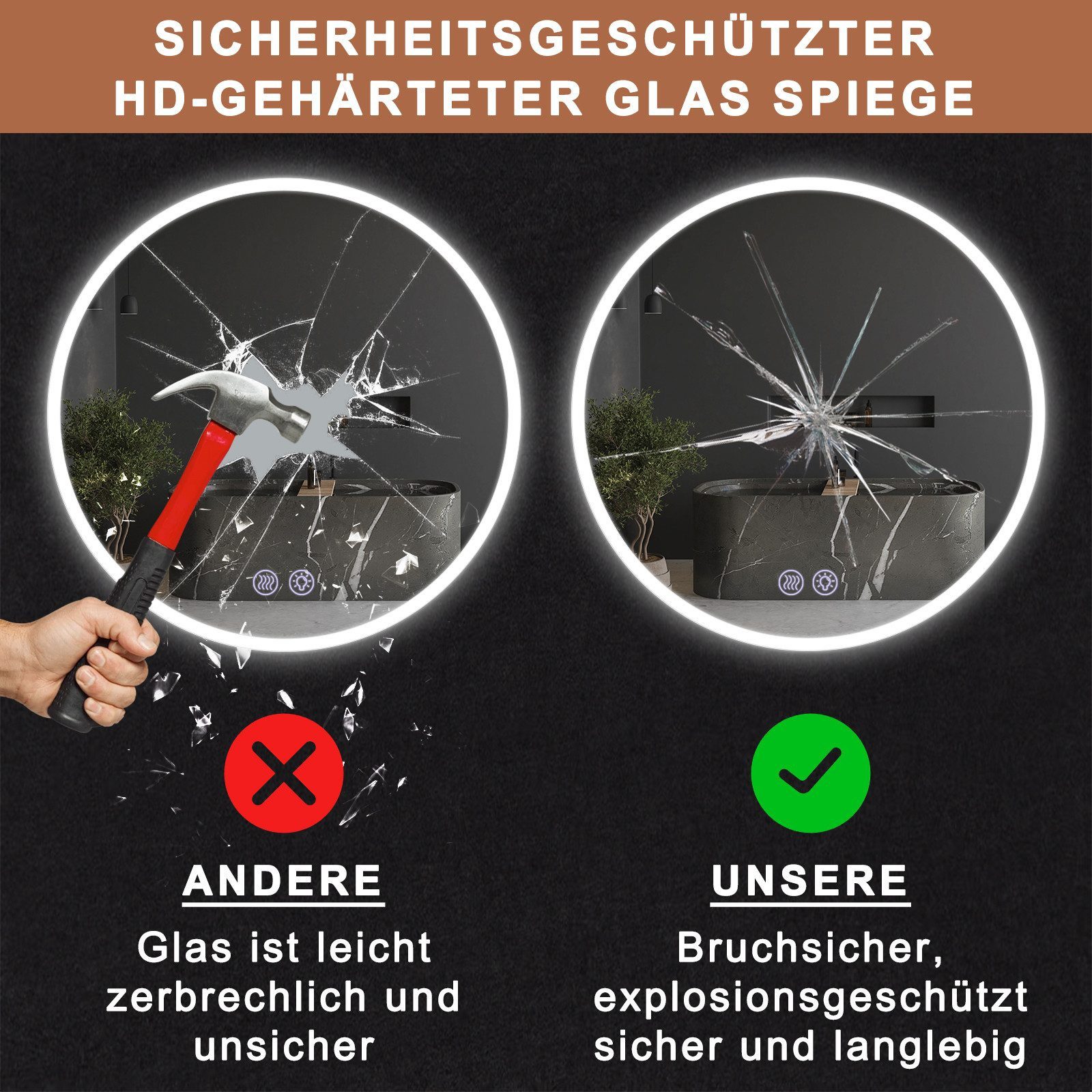 Nettlife Badspiegel spiegel mit Beleuchtung Rund 60cm, zimmerspiegel mit Touch-Schalter und Entfogger-Funktion – Bild 4 von 5