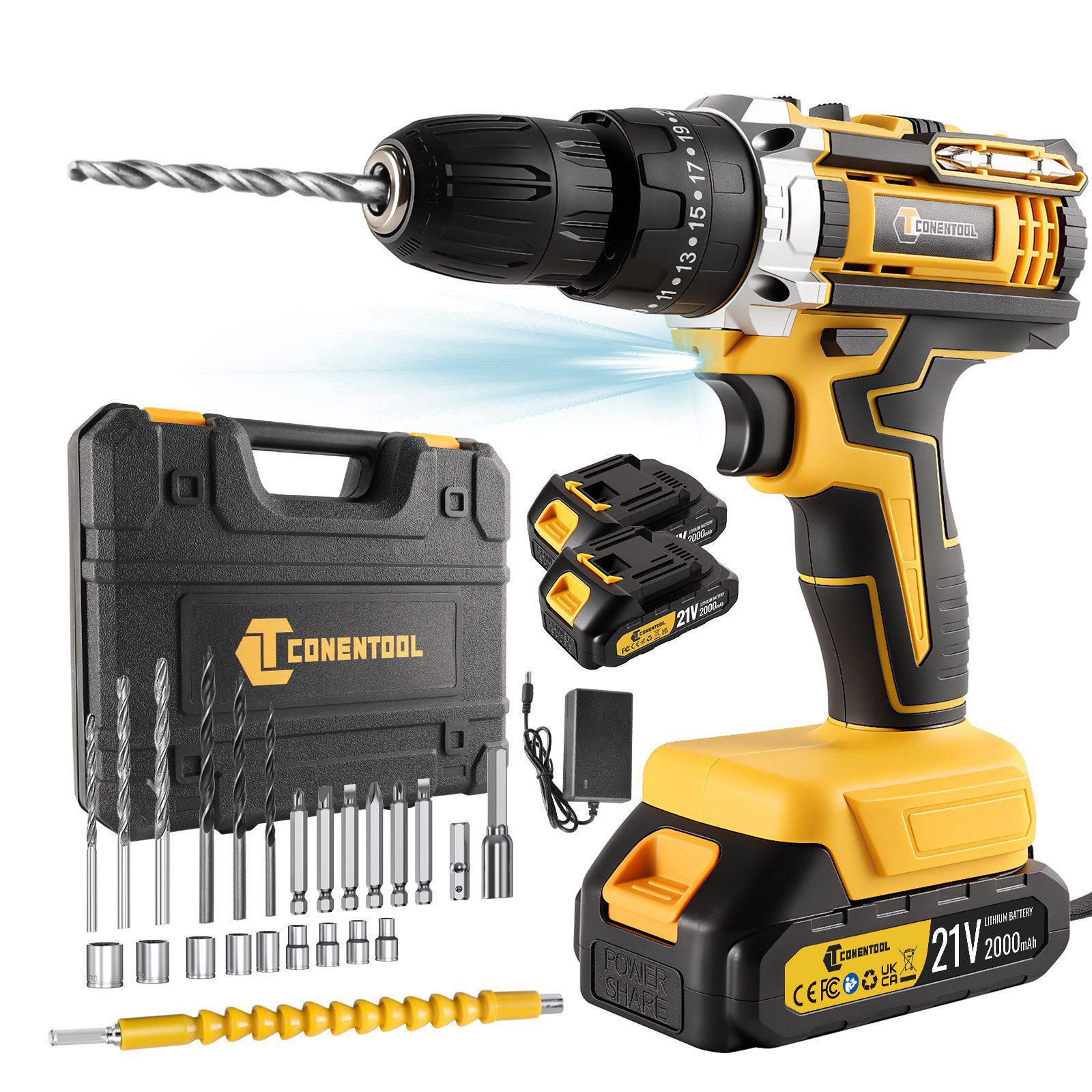 CONENTOOL Akku-Schraubendreher 3-in-1 Akkuschrauber Set, 21V Akkubohrer, 1850 U/min, 35 Nm, (24-tlg), mit 2×2000mAh Akkus, Akku Werkzeug: …