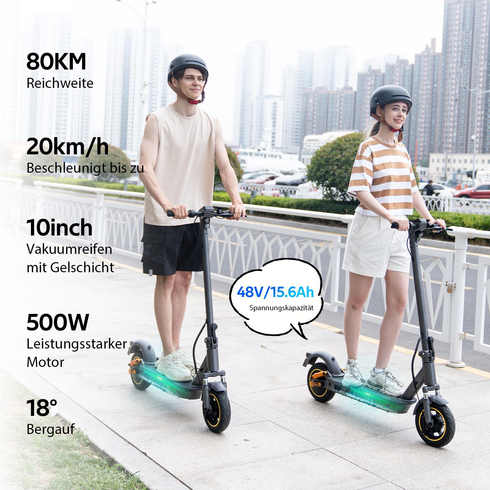 EVERCROSS TECH E-Scooter mit Straßenzulassung (ABE), 10" Runflat Reifen, Blinker, mit APP, 15,6AH Akku, 80KM/150KM, Handtasche, LED-Display