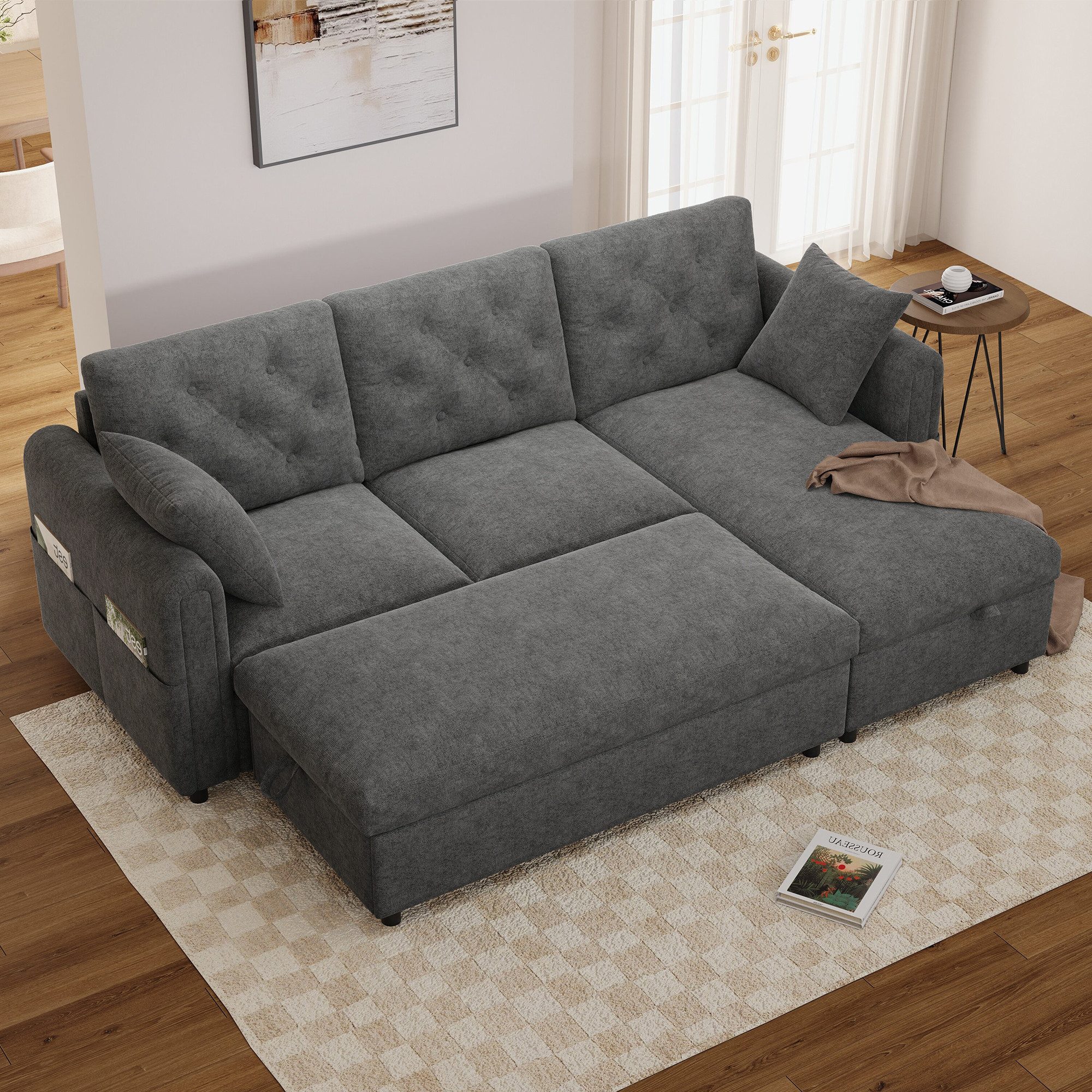Flieks Ecksofa mit Schlaffunktion & Bettkasten, Chaiselongue links/rechts wechselbar, 219×131×86 cm, L-Form 3-Sitzer Schlafsofa inkl. Hocker mit Stauraum Samt Grau