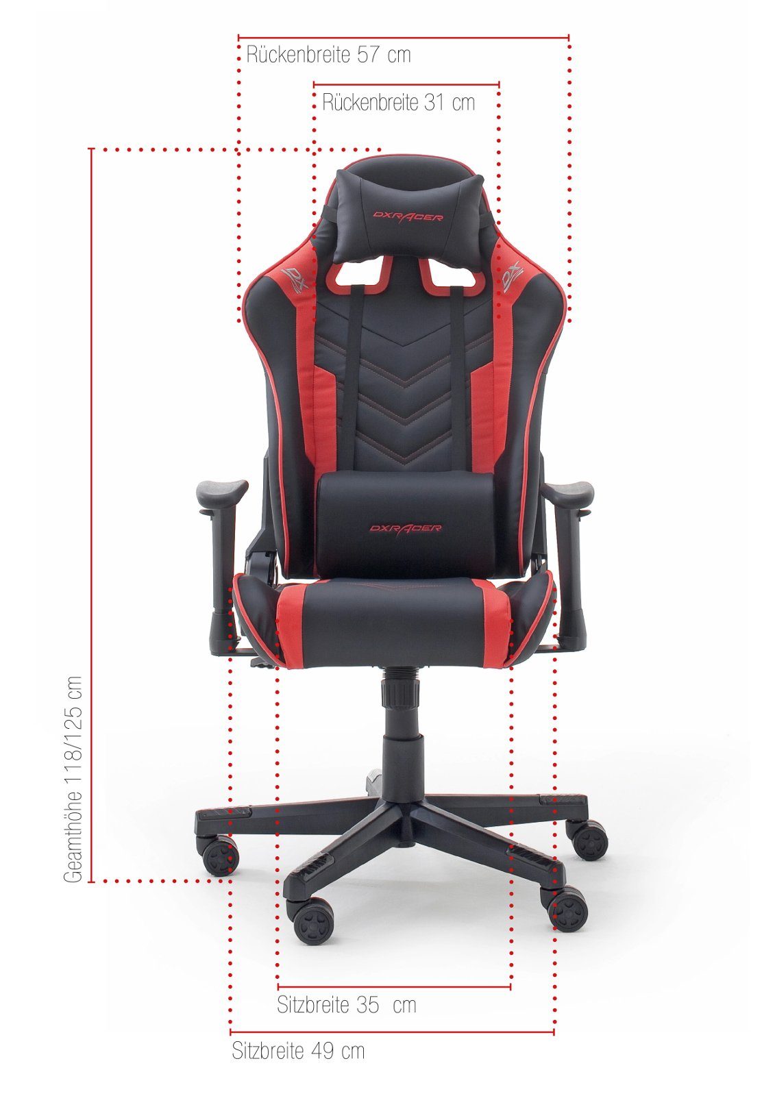 Raburg DXRacer Kunstleder Gaming mit Chair OK132 SCHWARZ-ROT schwarz DXRacer verstellbare Armlehnen mit (Cheffsessel Lordosenkissen, in rot), Schalensitz
