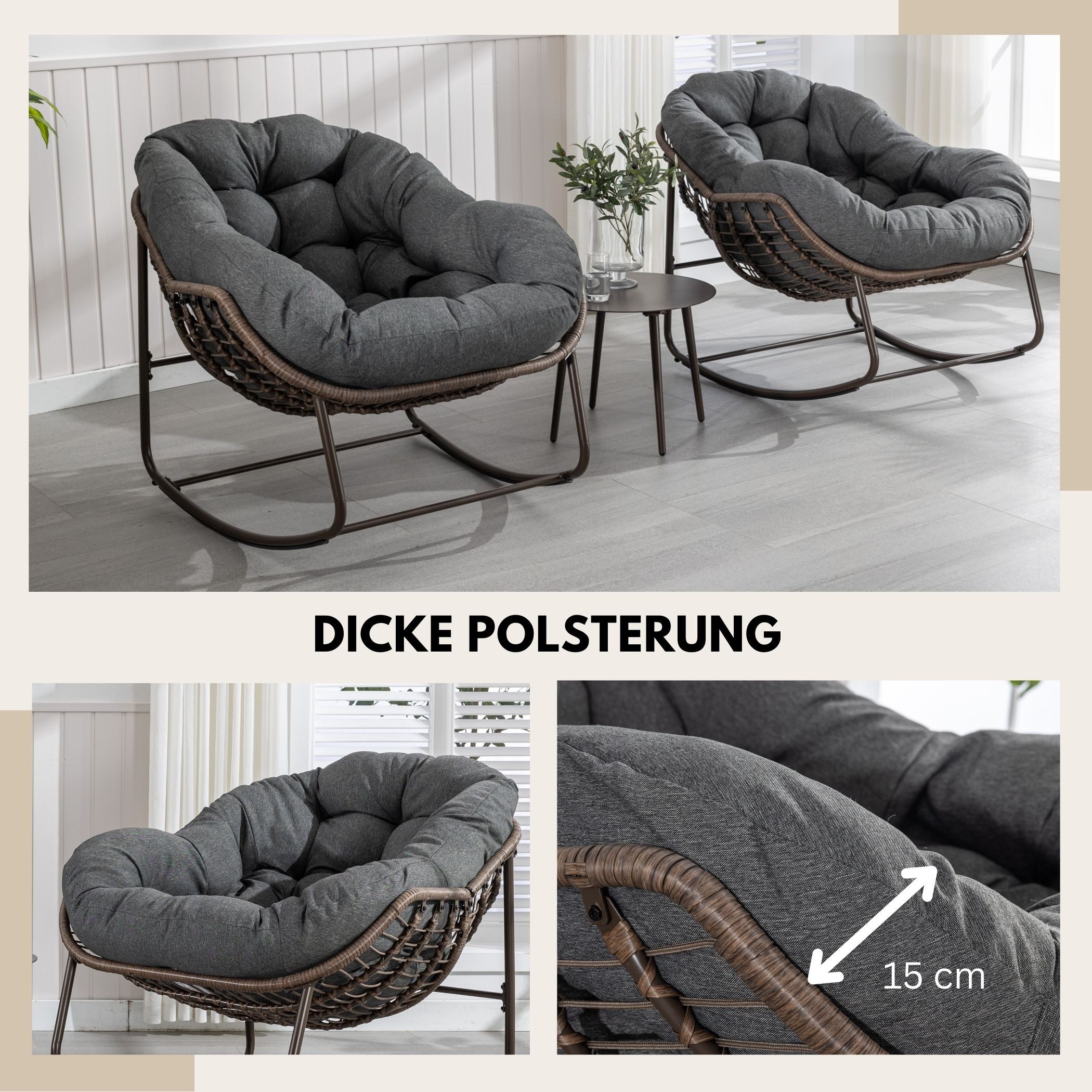 SeedWave Schaukelstuhl Übergroß mit PE-Rattan-Geflecht, 15 cm dickem Olefin-Fleece-Kissen, Lounge-Stuhl für Innen- und Außenbereich, Stilvolle Eierschalenform