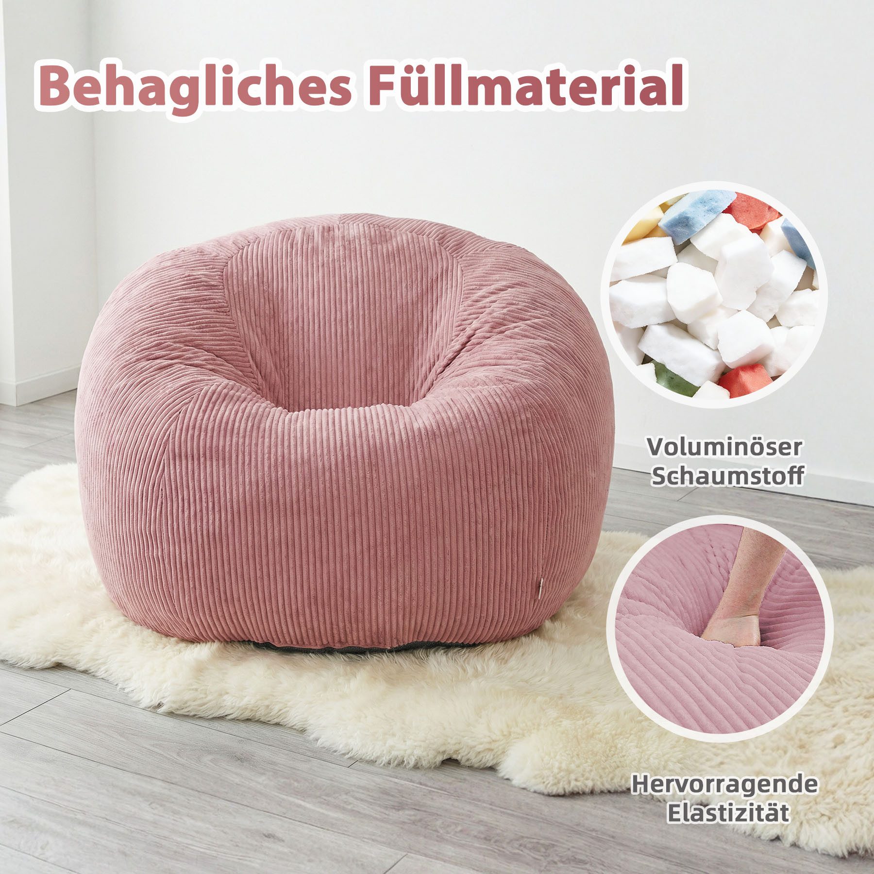 HomeMiYN Sitzsack Rund Sitzsack XXL aus Cord weiches Sofa für Wohnzimmer – Bild 5 von 5