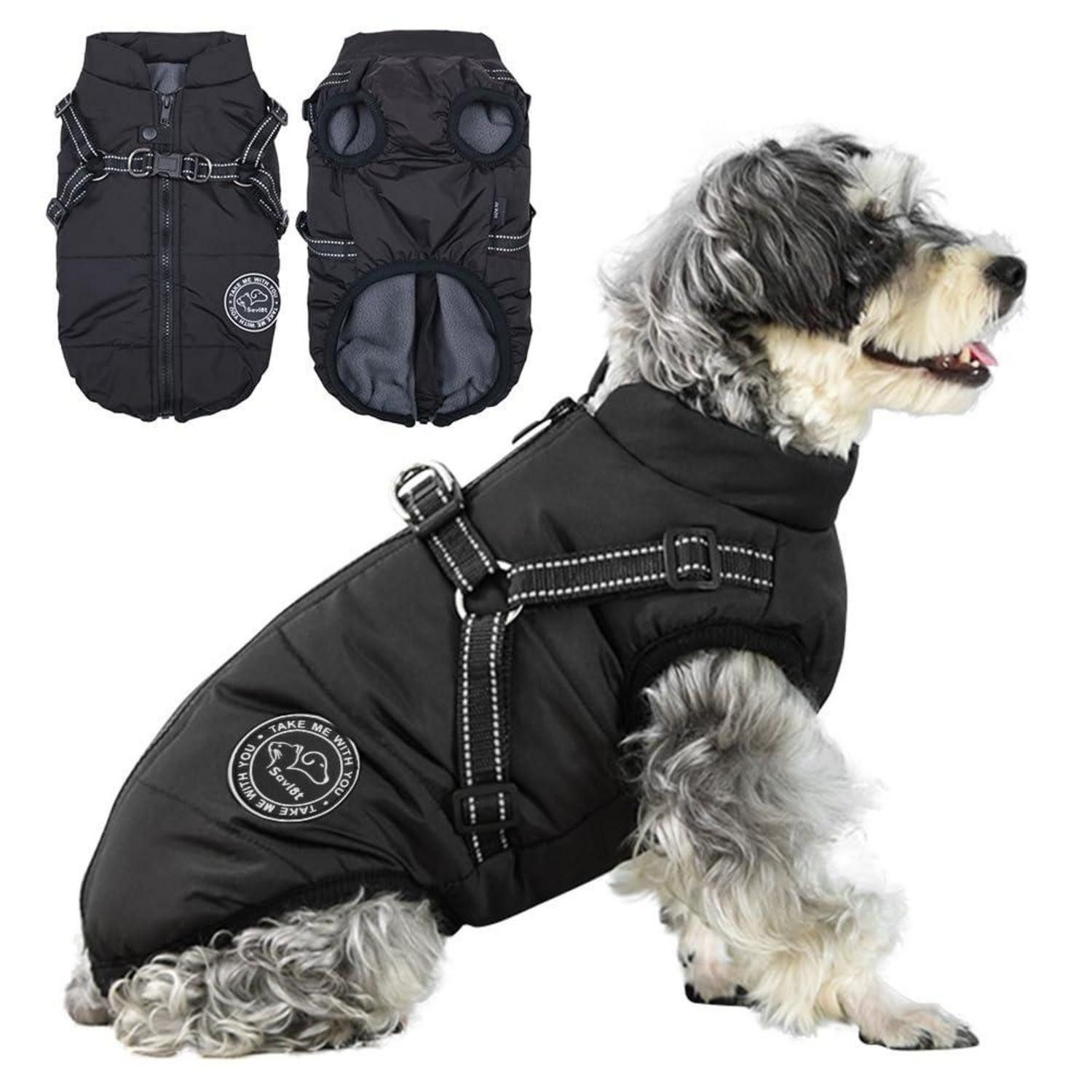 LuxusKollektion Hundejacke Hundemantel Weste mit Geschirr Schwarz XS