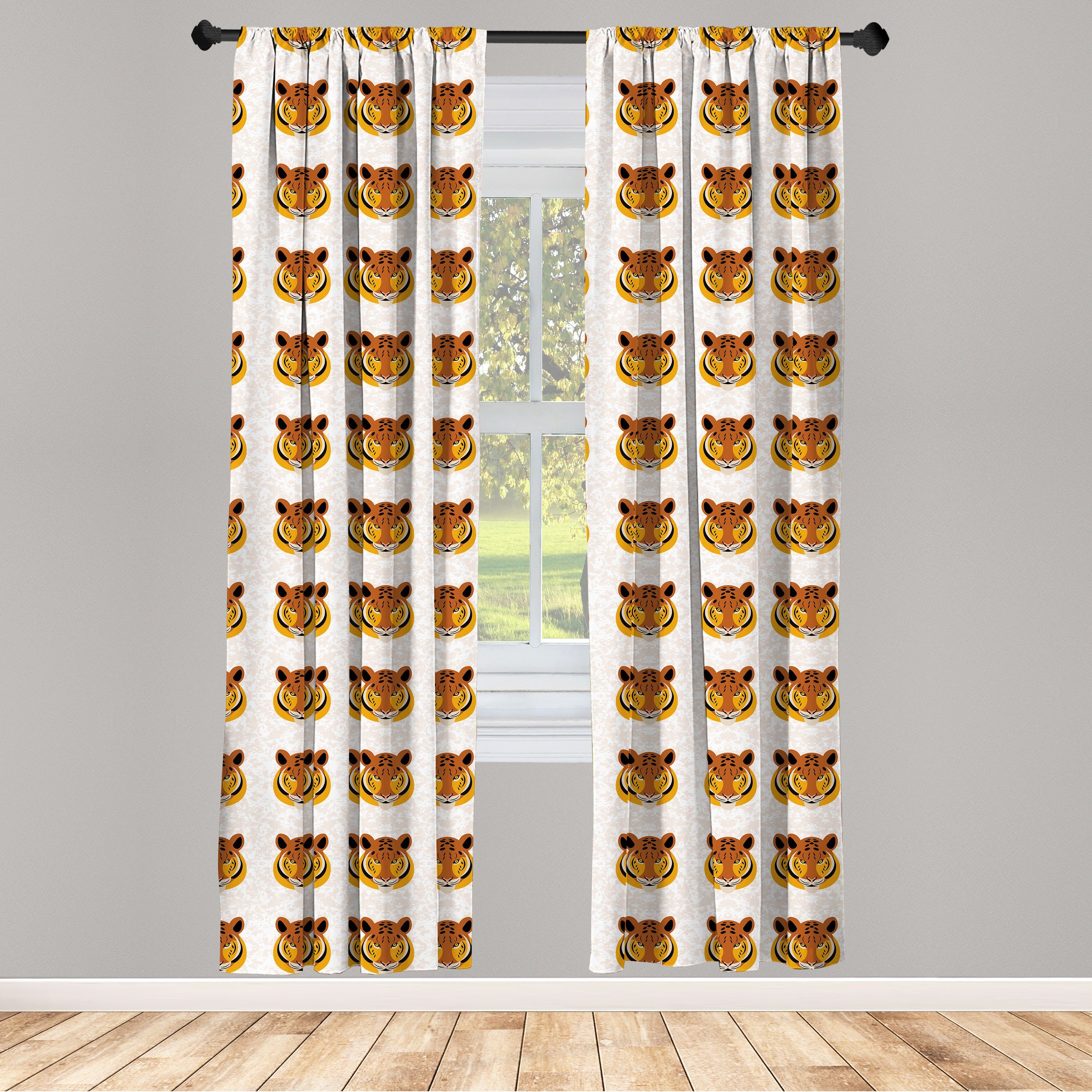 Gardine Vorhang für Wohnzimmer Schlafzimmer Dekor, Abakuhaus, Microfaser, Afrikanisches Tier Cartoon-Tiger-Gesichter