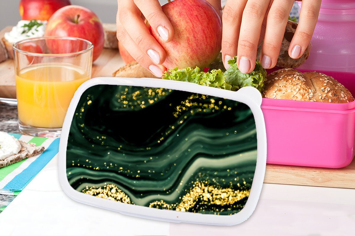 MuchoWow Lunchbox Marmor - Gold Erwachsene, Brotbox rosa - Glitter - Luxus, Mädchen, Kunststoff Brotdose - Kinder, Snackbox, Kunststoff, (2-tlg), für - Grün Marmoroptik