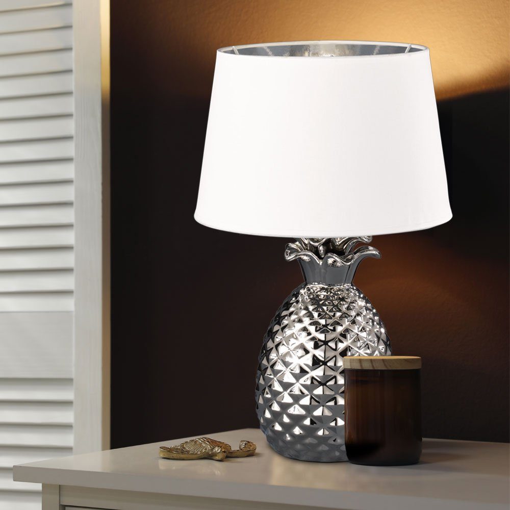 etc-shop LED Tischleuchte, Leuchtmittel Lampe Textil- Ananas Warmweiß, Keramik Zimmer silber Tisch Design inklusive, Wohn