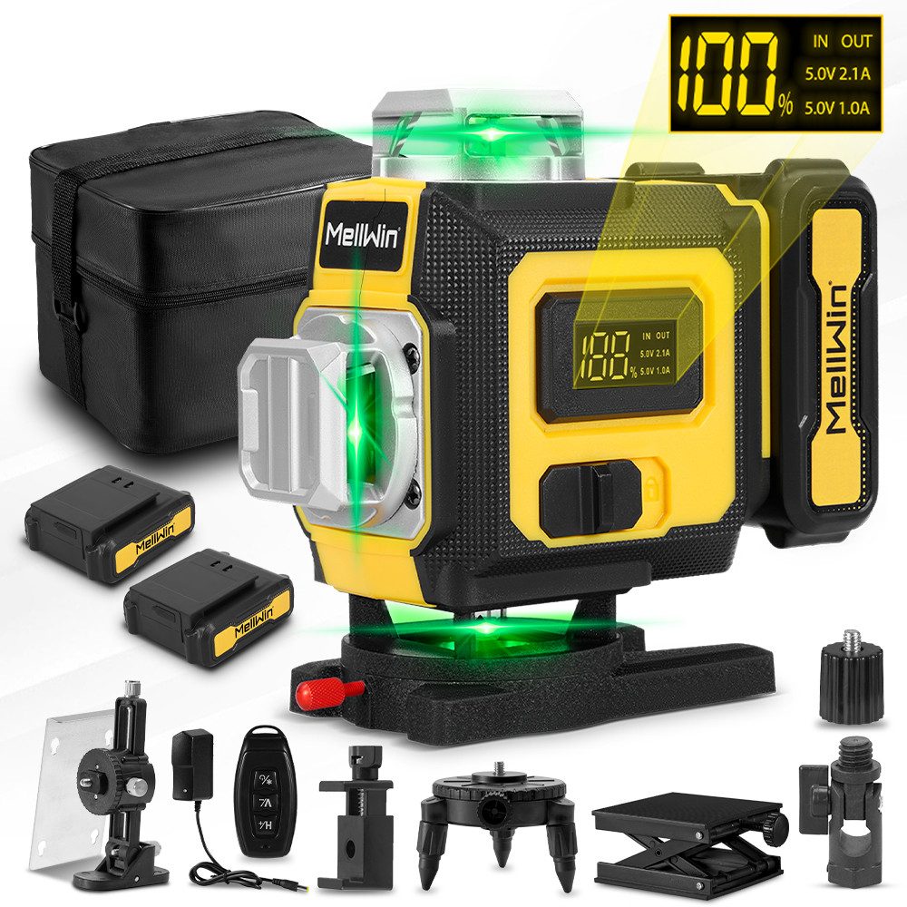 MELLWIN Kreuzlinienlaser 16 Linien Nivellierlaser 4 x 360 ° Laser Wasserwaage mit 2x Batterie, Laserwasserwaage für Innenbau, Fliesen & Holz