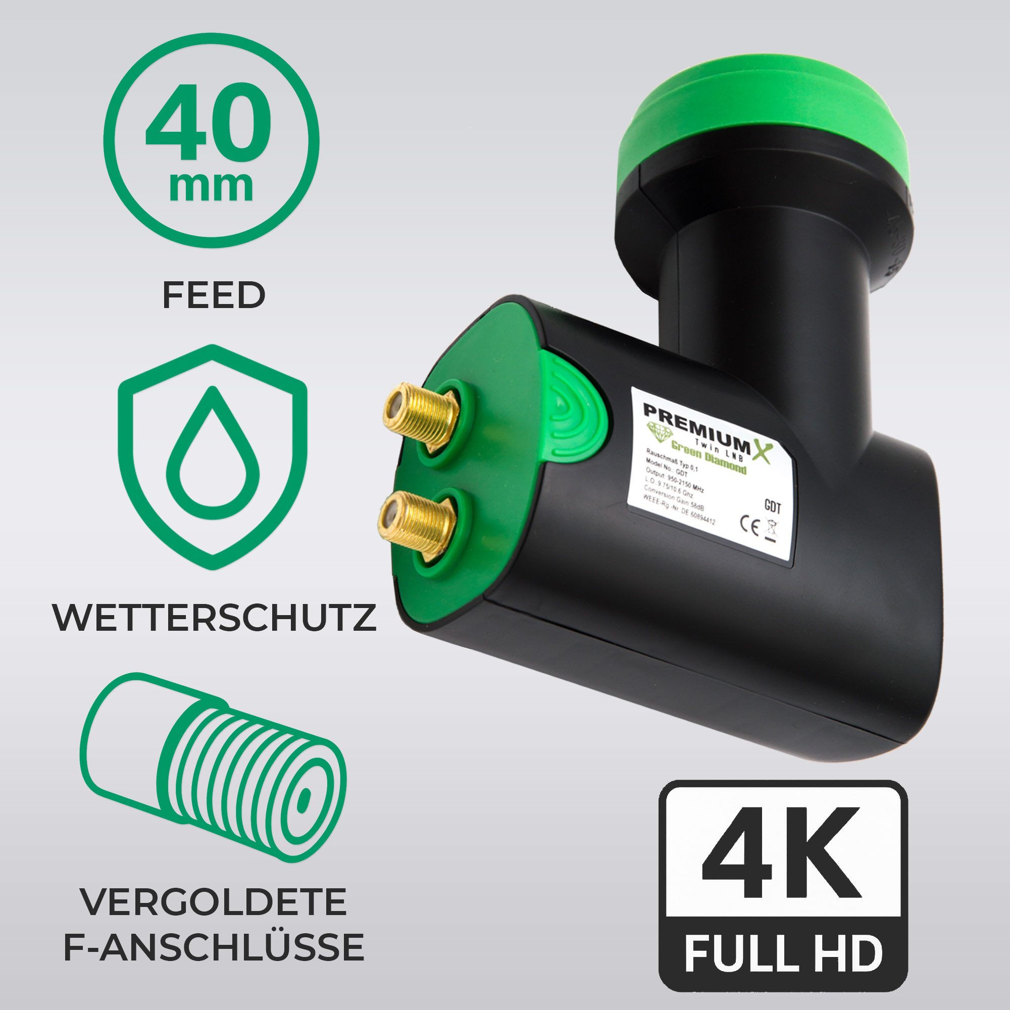 Thumbnail - PremiumX Green Diamond Twin LNB GDT Sat für 2 Teilnehmer DVB-S2 UHD 4K 3D Monoblock-LNB