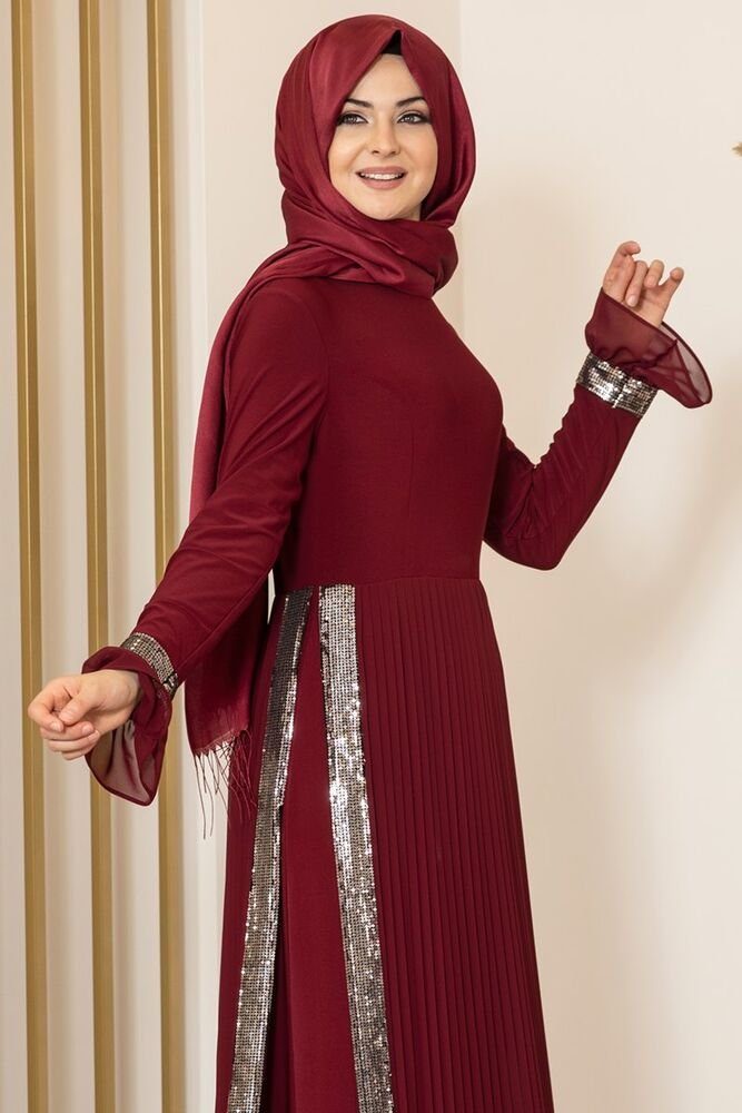Damen Abendkleid Modavitrini Hijab Rock Pailletten mit Maxikleid Bordeaux Abaya Faltendetail Fashion Abiye Lila Modest