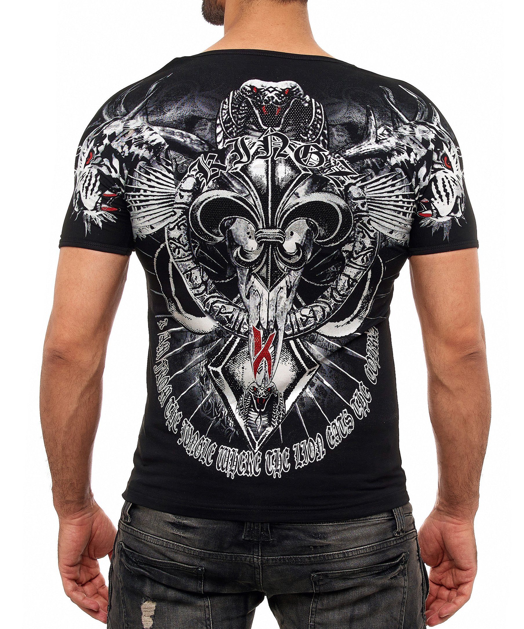 ausgefallenem T-Shirt KINGZ Cobra-Lilien-Print mit schwarz-silberfarben
