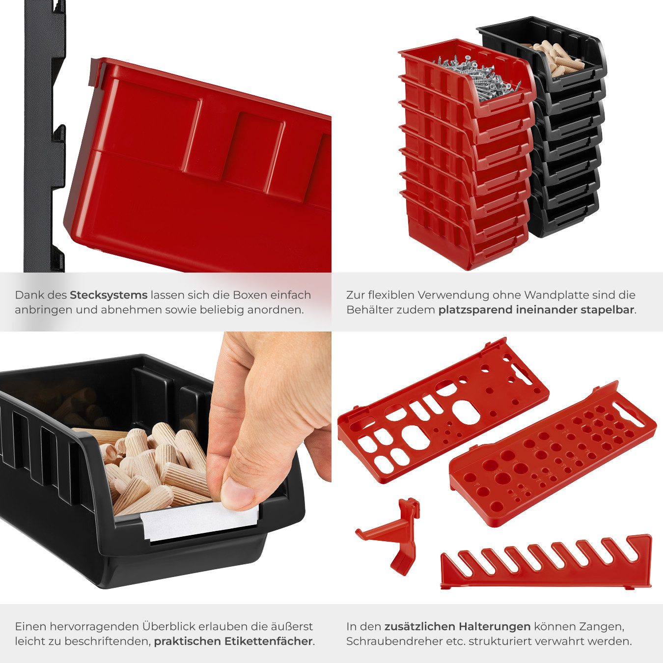 tectake Regal 88-tlg. Kleinteilemagazin mit 4 Wandplatten und Werkzeughalterungen, Stapelboxen-System 2-tlg., je 28 schwarze/rote Stapelboxen, Komfort-Eingriff, – Bild 4 von 5