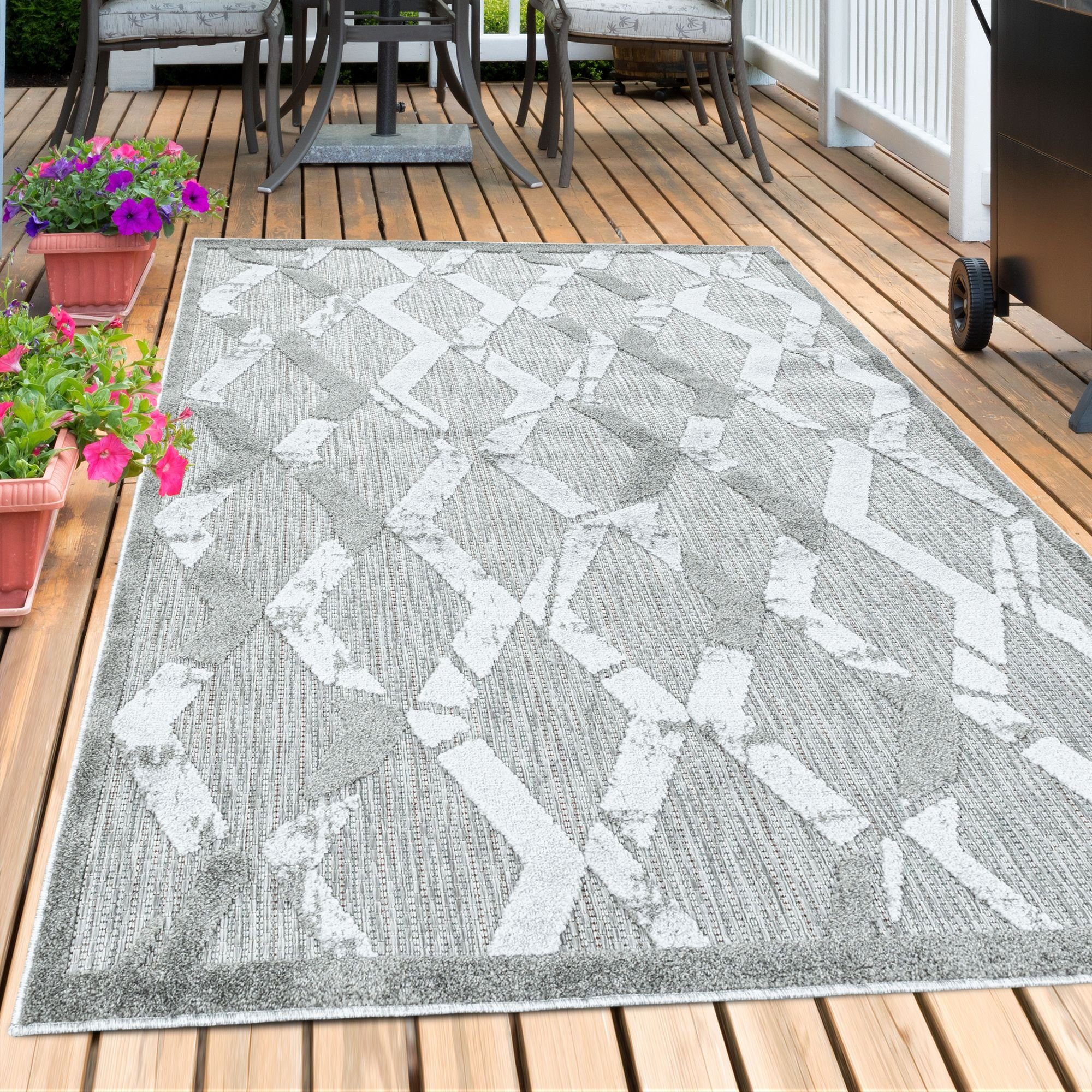 Outdoorteppich Boho-Design, Carpetsale24, Läufer, Höhe: 10 mm, Outdoor Teppich Grey farbe 3D Boho Design für Küchen Balkon Terrasse