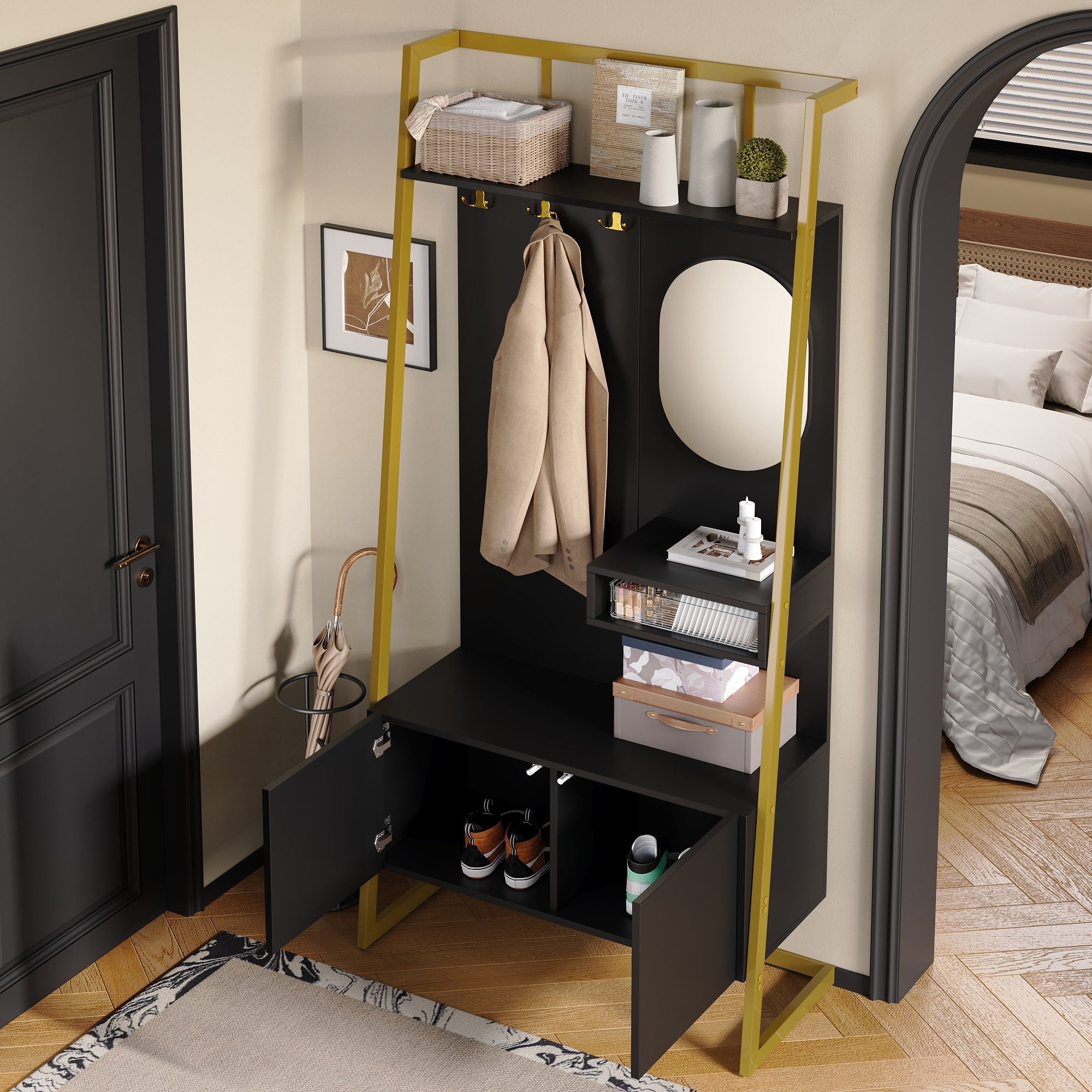 Merax Kompaktgarderobe mit Spiegel, Garderoben-Set aus Holz & Metall (1-St) Flurschrank mit Metallhaken, Schuhschrank & Sitzbank, 78×180,5×38,5 cm