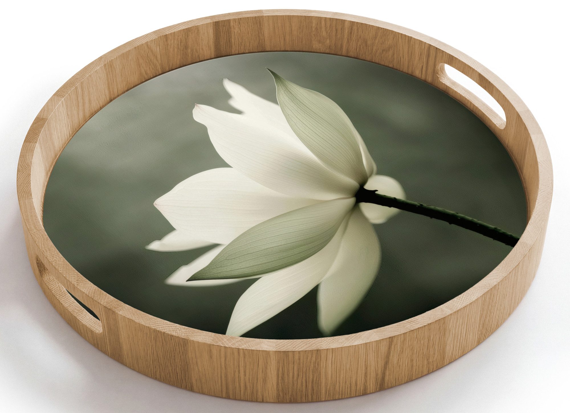 OnlyWow Tablett Rund mit Henkel Weiß - Lotus - Dunkel - Blume, Eichenholz, (1-tlg), Siervierplatte, Tray, Frühstücksbrett