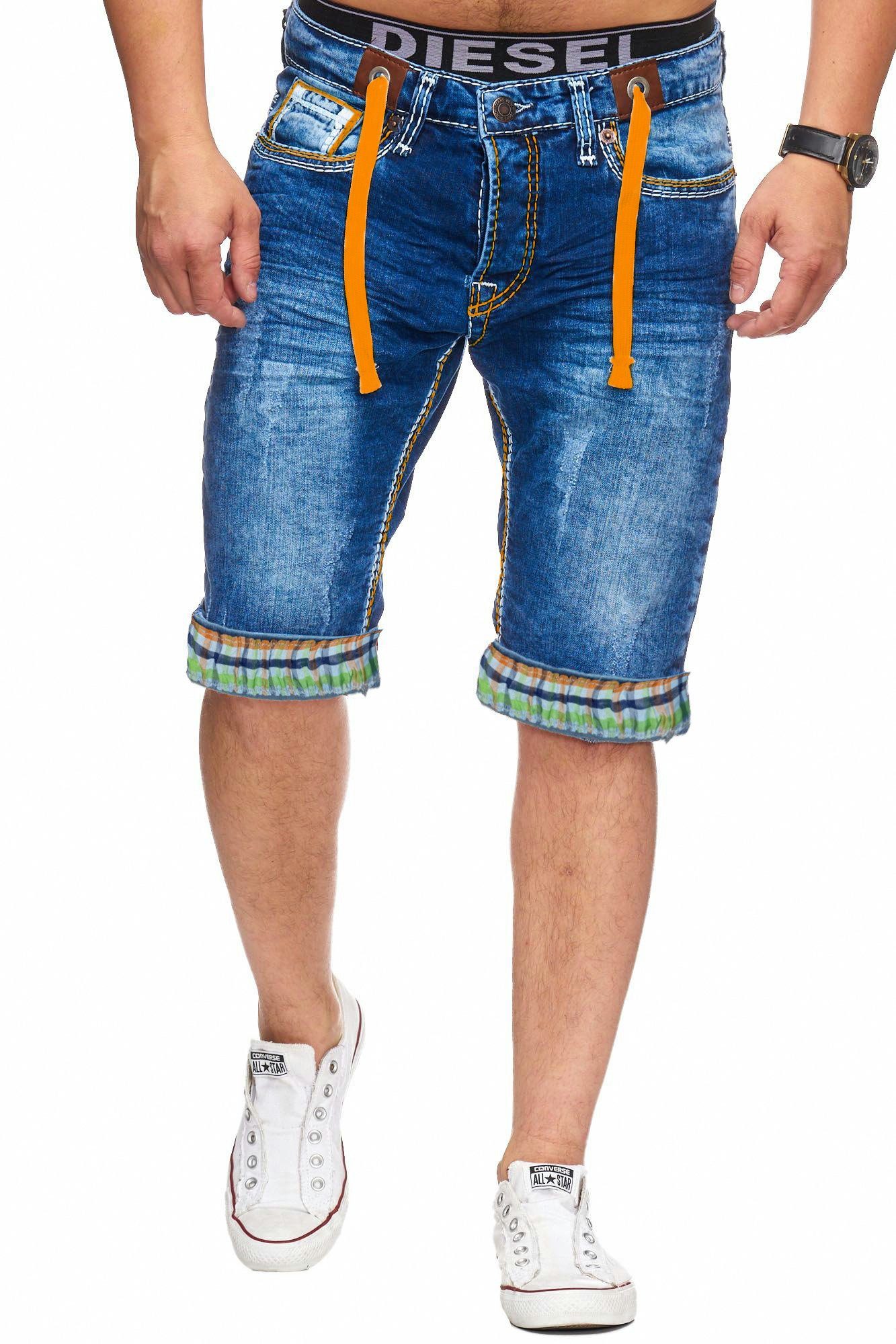 L.gonline Sweatshorts Herren Jeans Shorts, Kurze Hose, Bermuda, Dicke Naht, L-2020 (Shorts, kurze Jeans, kurze Hose, 1-tlg) mit dicker farbiger Naht H-Orange