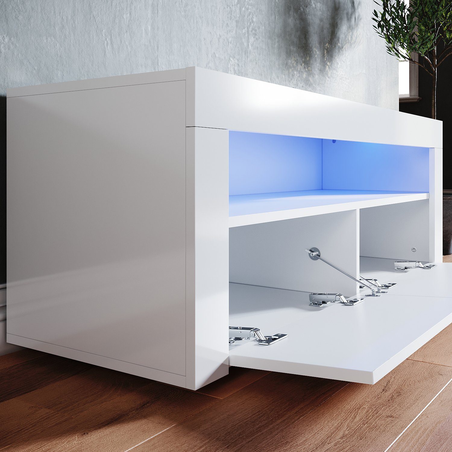 SONNI Lowboard TV Lowboard weiss Hochglanz mit LED Beleuchtung, Breite 120 cm, 12 Farben können eingestellt Werden, mit Klapptür, Griffloses Design