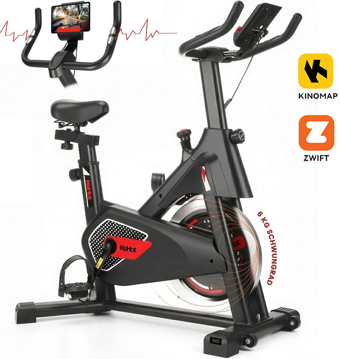 kehot Heimtrainer Indoor Cycling Bike 6KG Schwungrad mit Bluetooth App (Ergonomisch verstellbar Sitz & Lenker bis 150KG Belastung, Fitnessbike mit Herzfrequenzsensor LCD Anzeige Training), Leises Heimtrainer Fahrrad für Ausdauer Cardio Zuhause