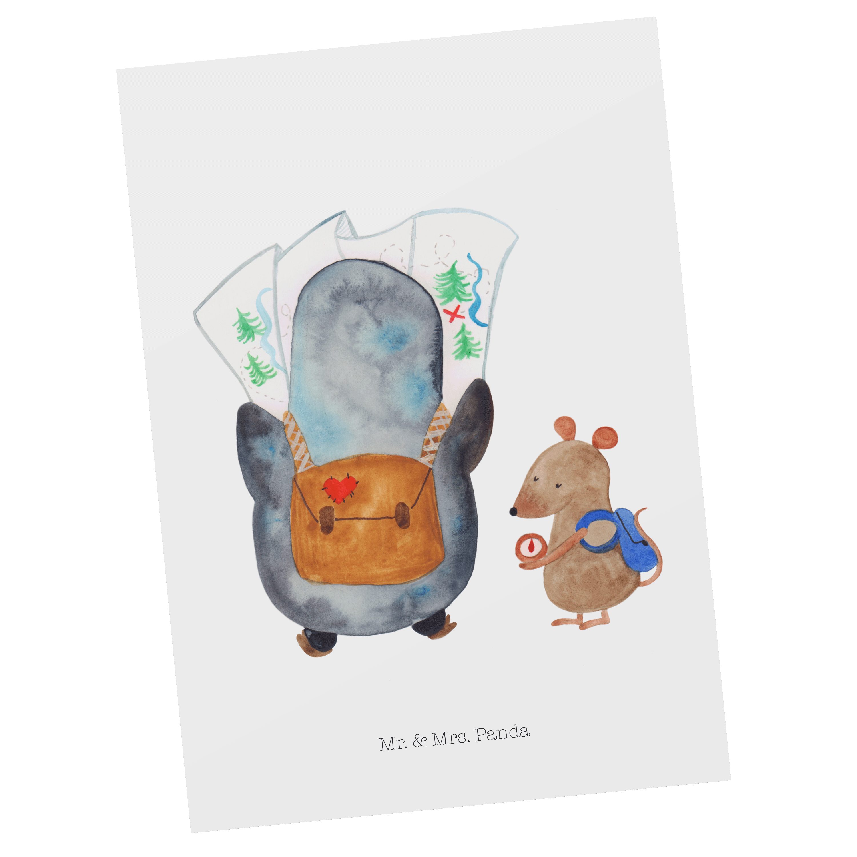 Mr. & Mrs. Panda Postkarte Pinguin & Maus Wanderer - Weiß - Geschenk, Einladungskarte, Wanderlus