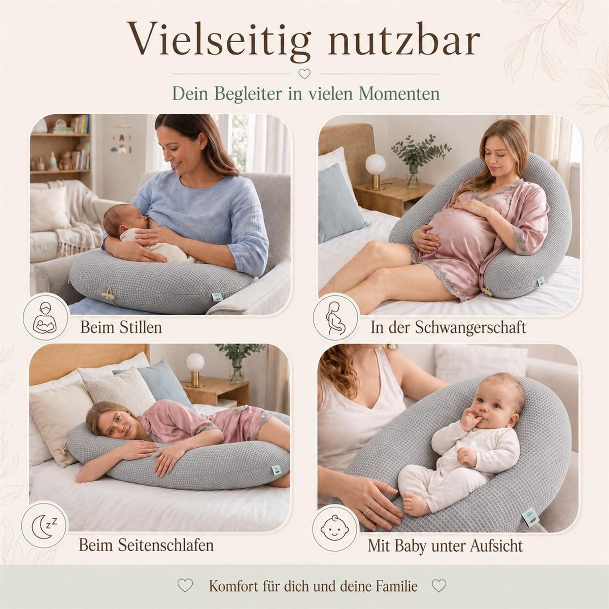 SEI Design Stillkissen Seitenschläferkissen XXL Schwangerschaftskissen Waffelstoff 190cm Grau, Schwangerschaftskissen mit Bezug, 1-tlg., Schwangerschaftskissen  – Bild 2 von 5