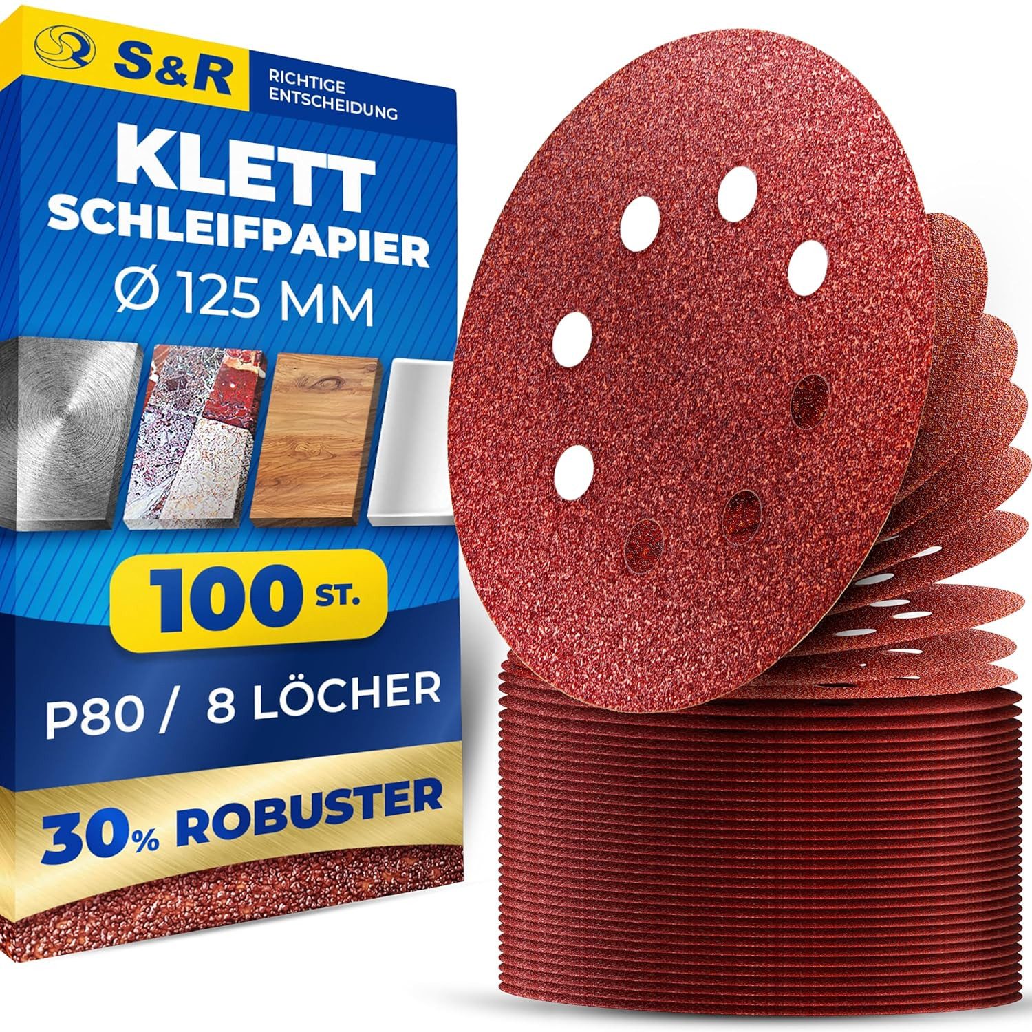 S&R Schleifpapier Klett Schleifpapier 125 mm, Meister, 8 Löcher, für Exzentersch