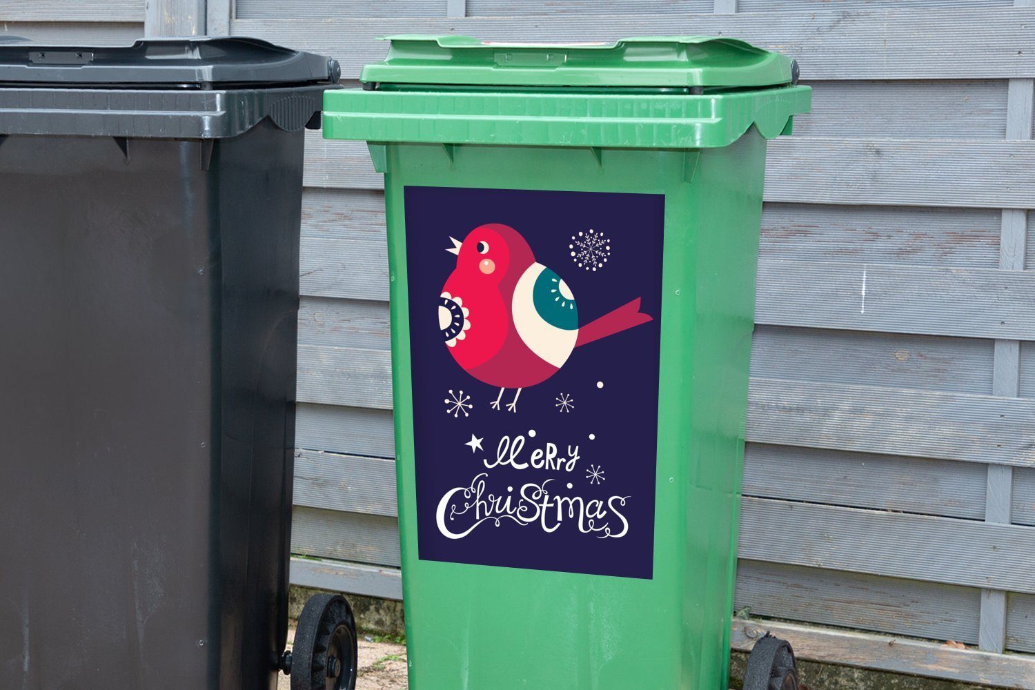 MuchoWow Abfalbehälter - Weihnachten - Sticker, Wandsticker Container, Weihnachten (1 St), Frohe Mülltonne, Vogel Schnee - Mülleimer-aufkleber,