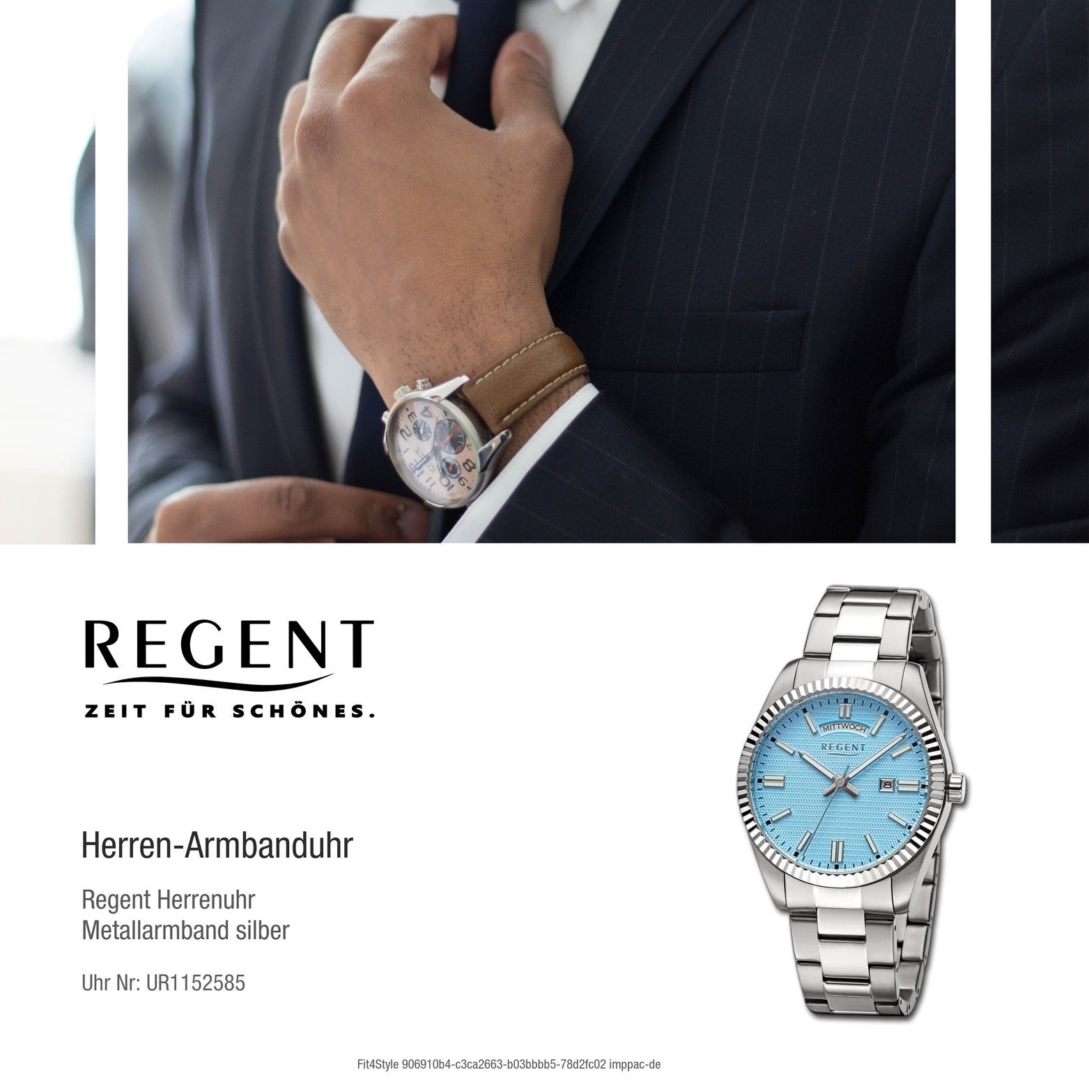 Regent Quarzuhr Regent Herren Metallarmband rundes groß Gehäuse, extra silber, Herrenuhr 40mm) (ca. Armbanduhr Analog