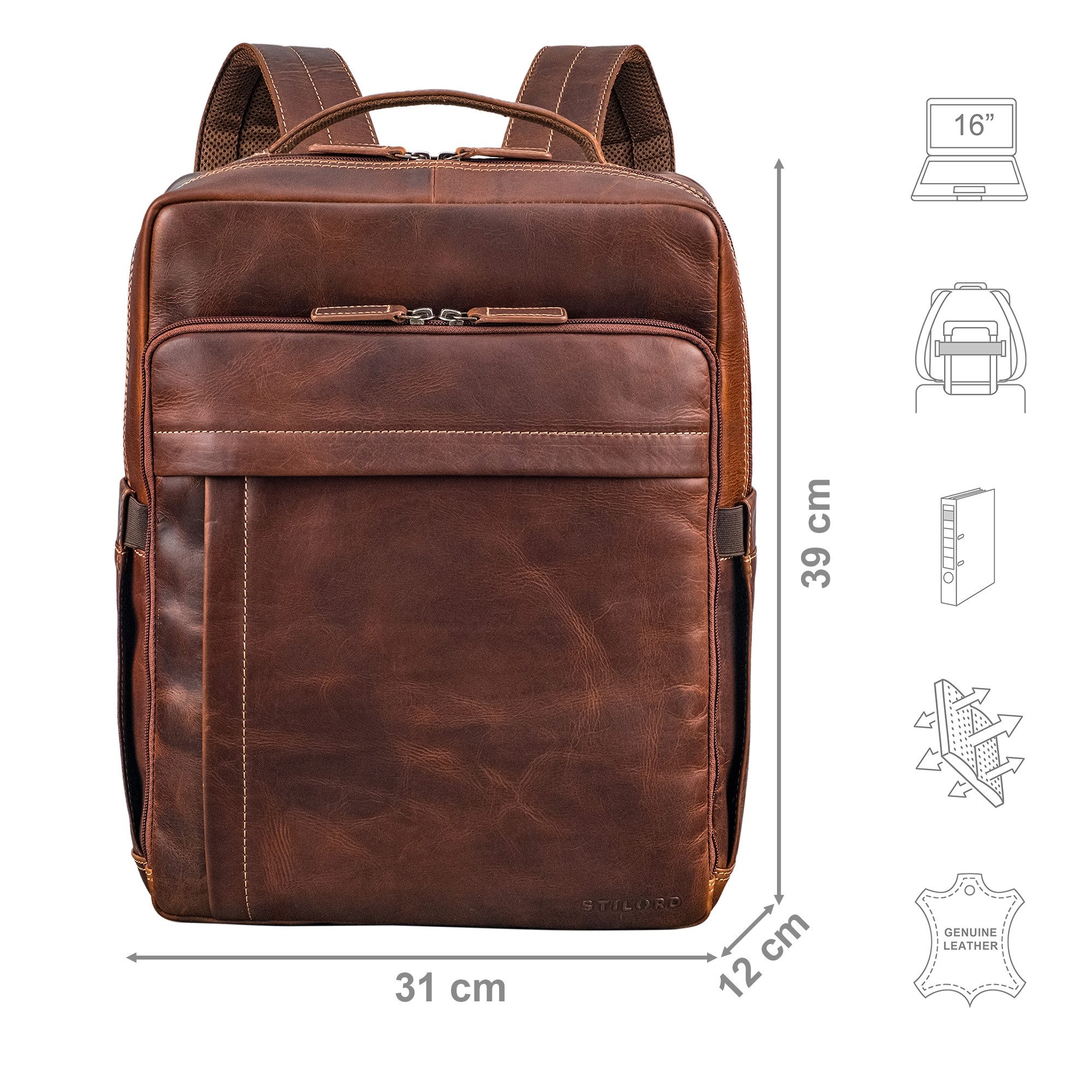 STILORD Notebook-Rucksack "Aldo" Echt-Leder Rucksack Damen und Herren für Laptop 15 - 16 Zoll