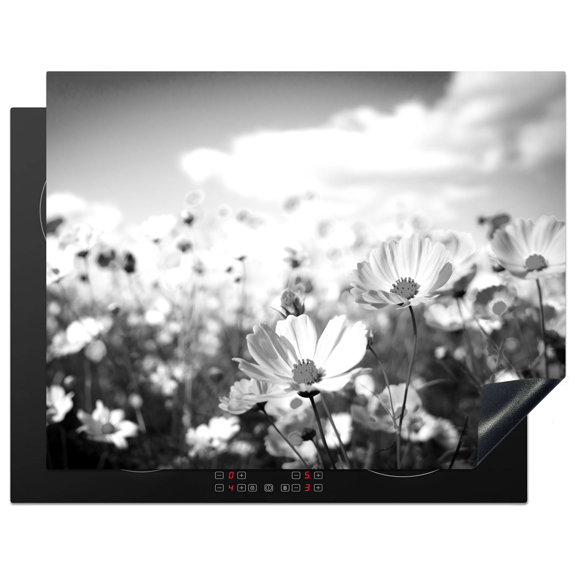 MuchoWow Herdblende-/Abdeckplatte Blumen - Wiese - Lila - Gras - Weiß - Wolken - Blau, Vinyl, (1 tlg), 77x59 cm, Ceranfeldabdeckung, Arbeitsplatte für küche