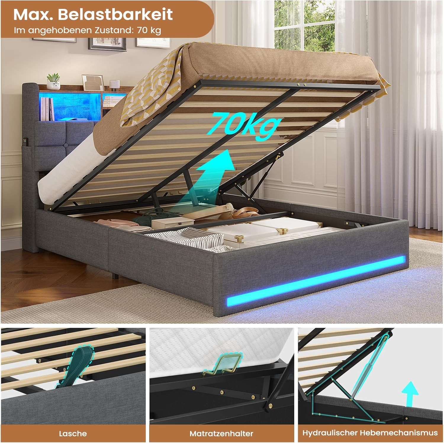MSMASK Polsterbett Hydraulisches Stauraumbett mit LED-Bleuchtung, 90X200 cm (1-tlg., Ohne Matratze), Jugendbett mit USB- und Type-C-Anschlüsse, Leinenstoff – Bild 5 von 5