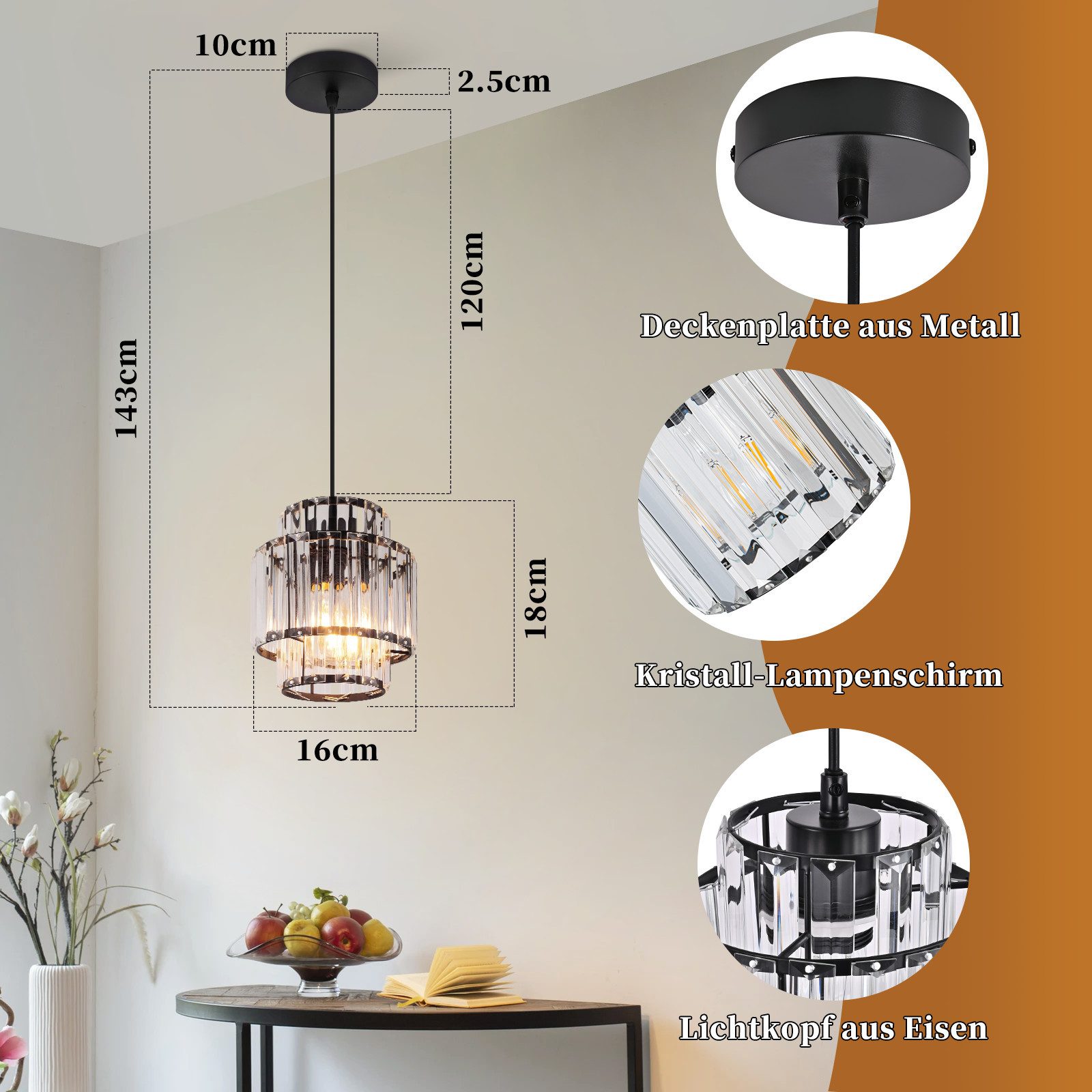 Nettlife Pendelleuchte Glas Kristall 1 Flammig E27 Hängeleuchte Ohne Leuchtmittel, ohne Leuchtmittel, für Esstisch Moderne Esszimmerlampe Wohnzimmer Küche