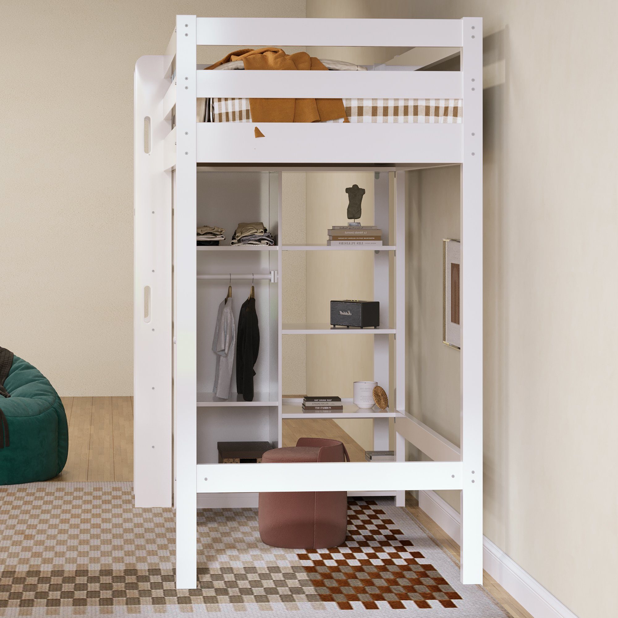 Hochbett (Stauraumbett Liegefläche 90x200 cm mit Kleiderschrank) Kinderbett mit Lattenrost, aus massivem Kiefernholz