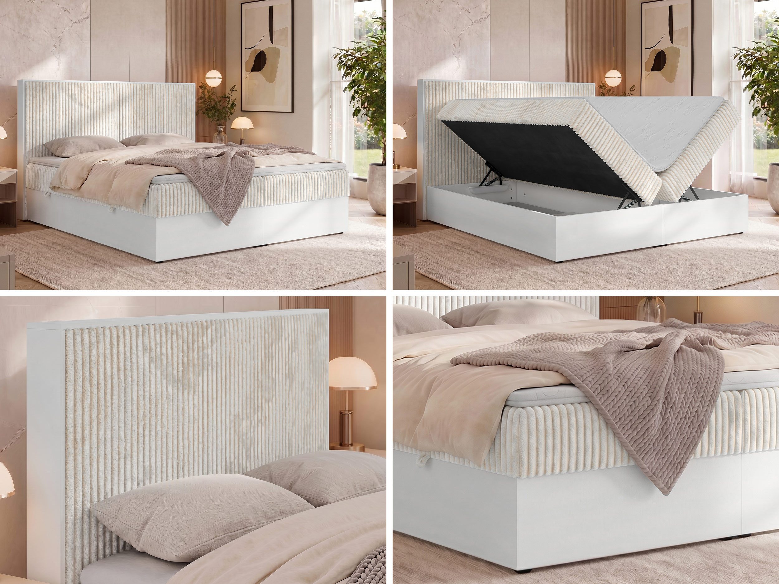 MKS MÖBEL Boxspringbett TRAVIT (Packung, Sett, Cordbett, Topper T25/Visco, hohe Kopfteil, Multipocket-Matratze), Doppelbett, Stauraum, weiße Deko-Möbelplattenelementen