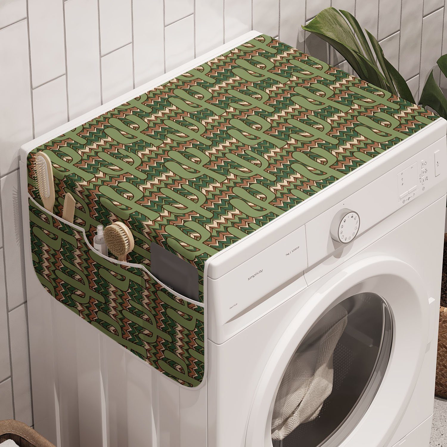 Abakuhaus Badorganizer Anti-Rutsch-Stoffabdeckung für Waschmaschine und Trockner, Kaktus Cartoon Saguaro Zigzag