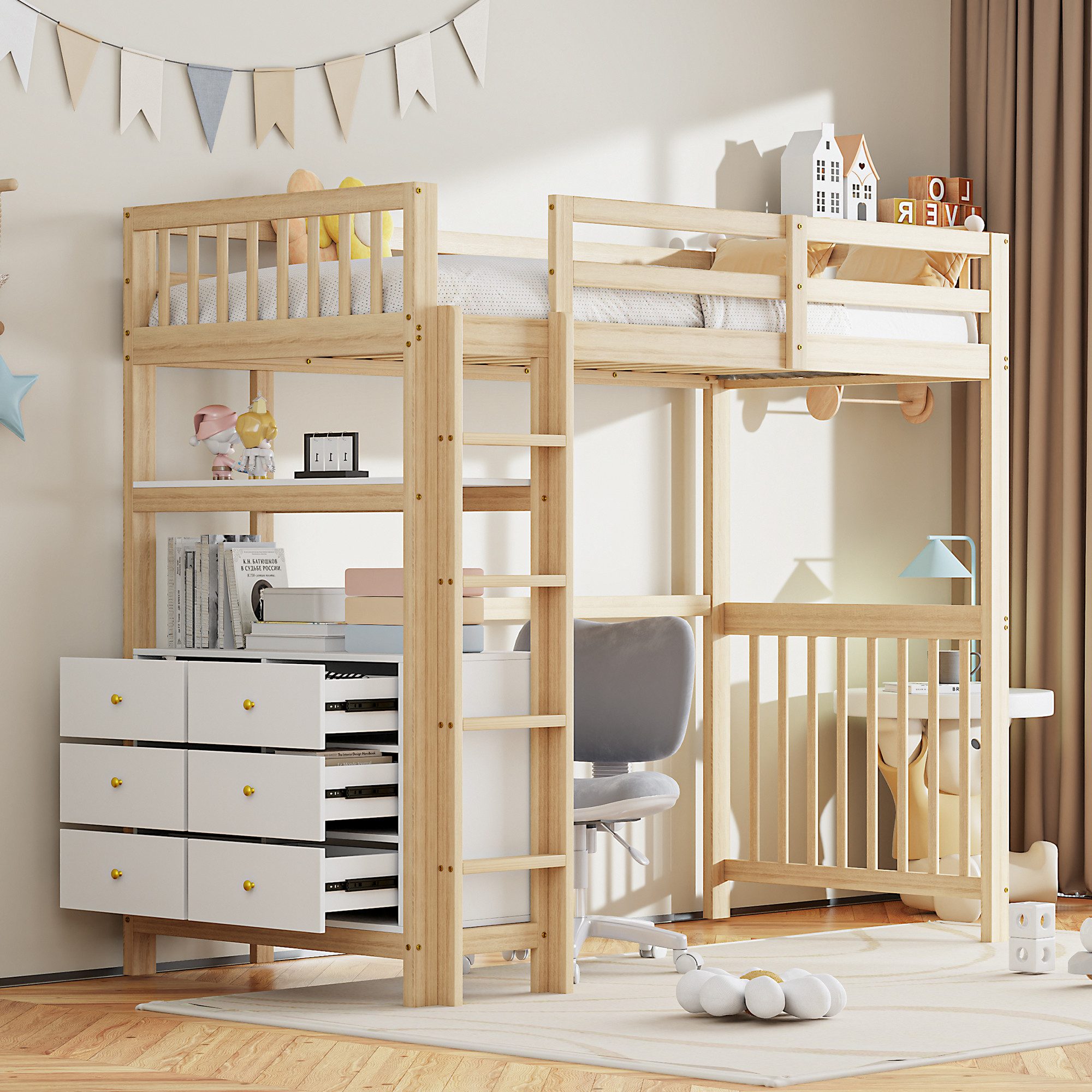 Flieks Hochbett Massivholz Kinderbett 90x200cm mit günstig online kaufen