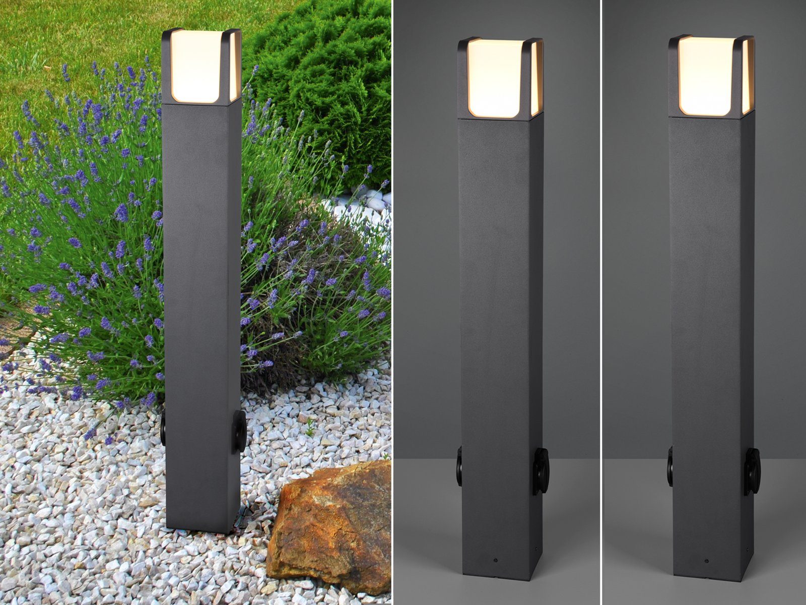 TRIO LED Pollerleuchte, LED fest integriert, Warmweiß, 2-er Set  Wege-Beleuchtung mit 2 Steckdosen, Anthrazit, moderne Garten-Beleuchtung,  Terrasse, für außen