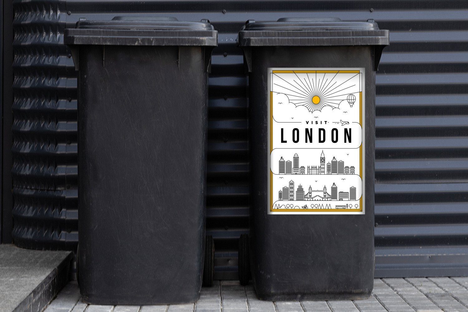 Container, Wandsticker Sticker, Stadtbild Mülltonne, - MuchoWow (1 weiß London Mülleimer-aufkleber, Abfalbehälter St),