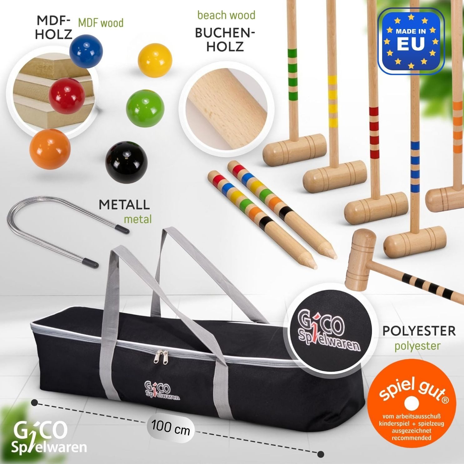 GICO Spielzeug-Gartenset GICO Krocket Set Adult 6Spieler Länge 100cm Transporttasche 3246, Schläger:6x100cm (Erwachsenenlänge)